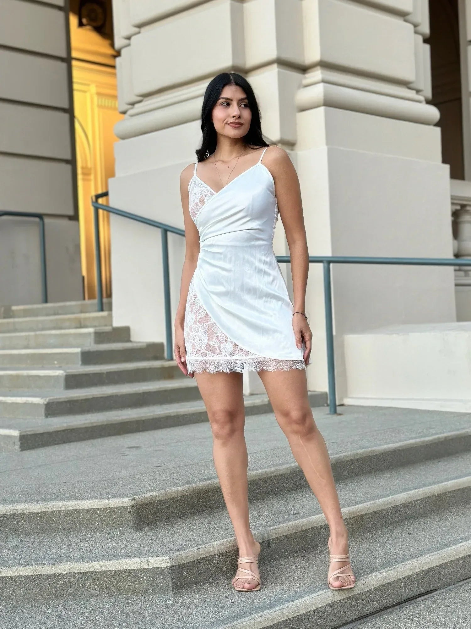Sexy Party Satin Wrap Like & Lace Nude Mini Dress | Mixtshop LLC