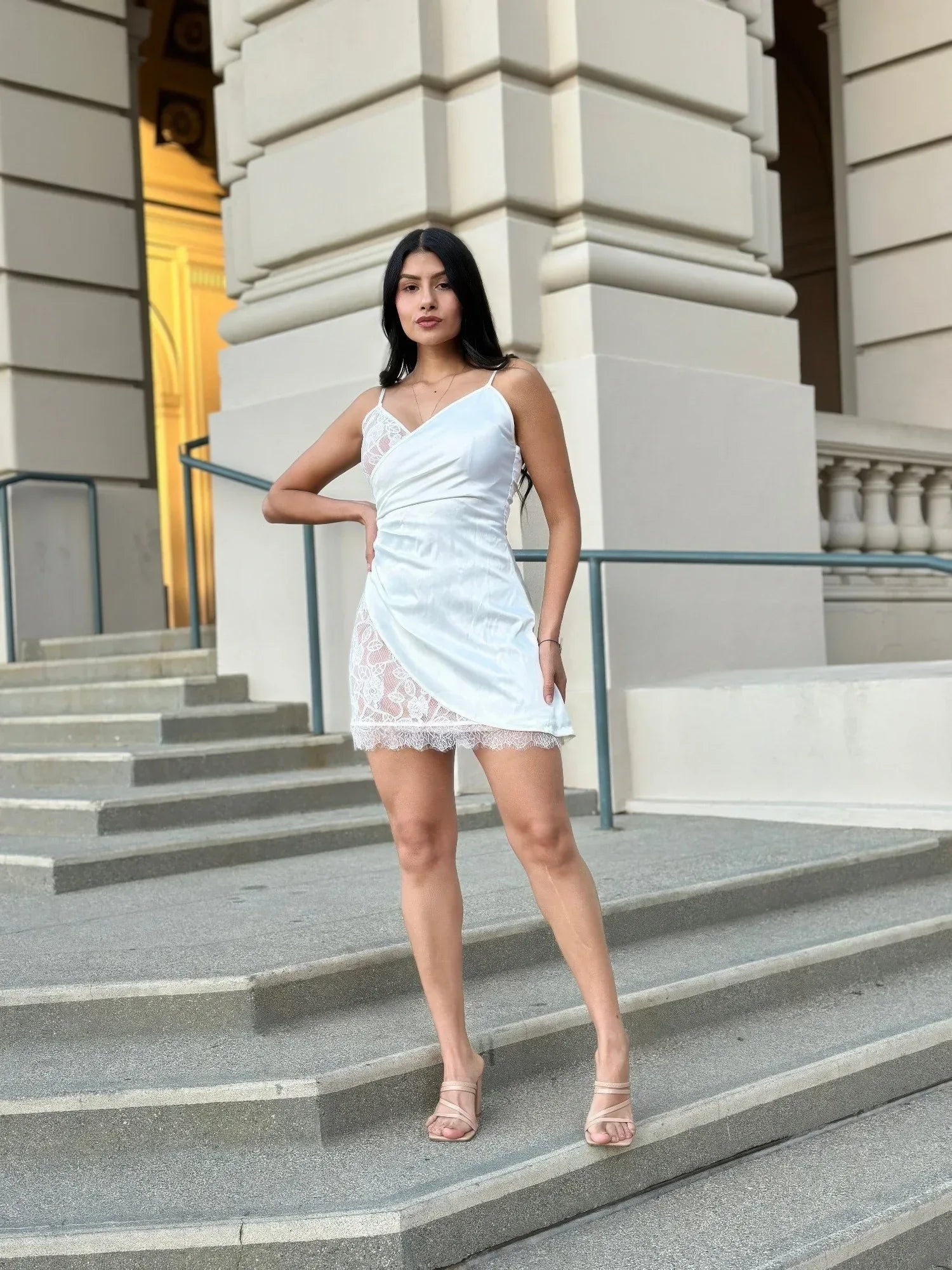 Sexy Party Satin Wrap Like & Lace Nude Mini Dress | Mixtshop LLC