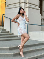 Sexy Party Satin Wrap Like & Lace Nude Mini Dress | Mixtshop LLC