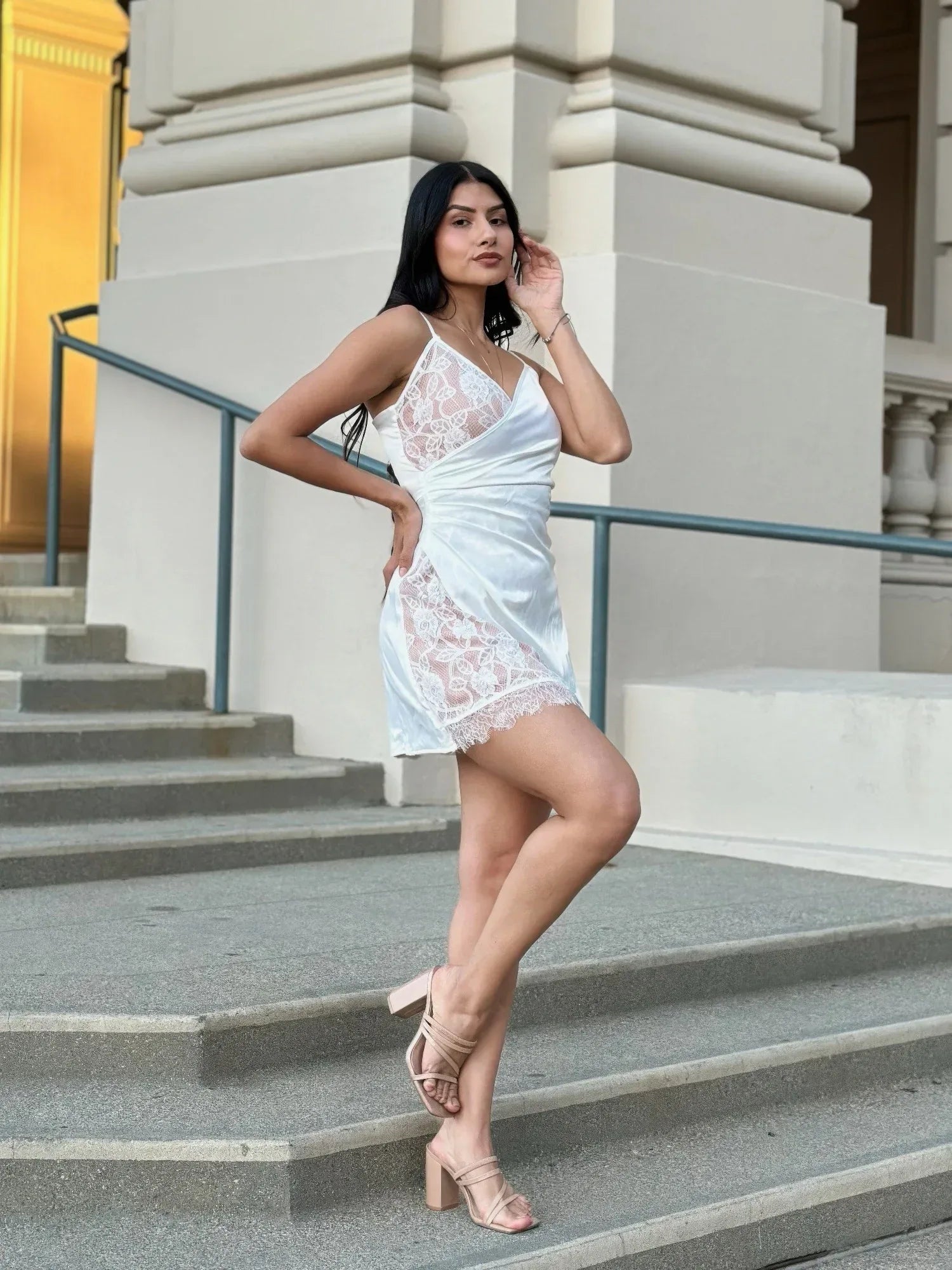 Sexy Party Satin Wrap Like & Lace Nude Mini Dress | Mixtshop LLC