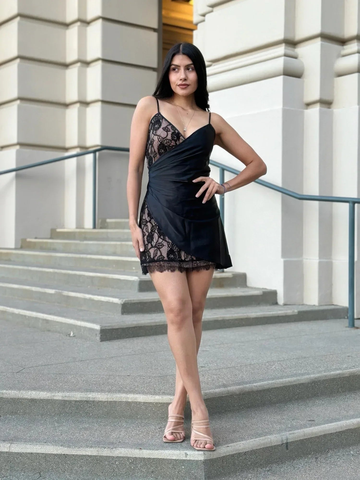 Sexy Party Satin Wrap Like & Lace Nude Mini Dress | Mixtshop LLC Main image