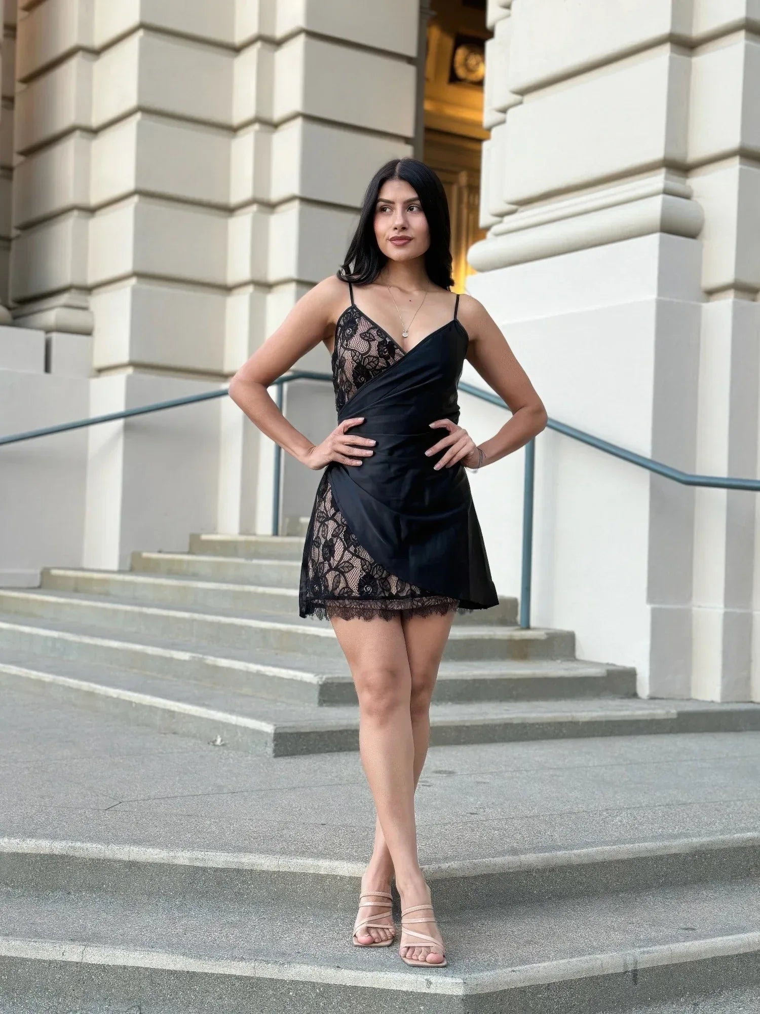 Sexy Party Satin Wrap Like & Lace Nude Mini Dress | Mixtshop LLC