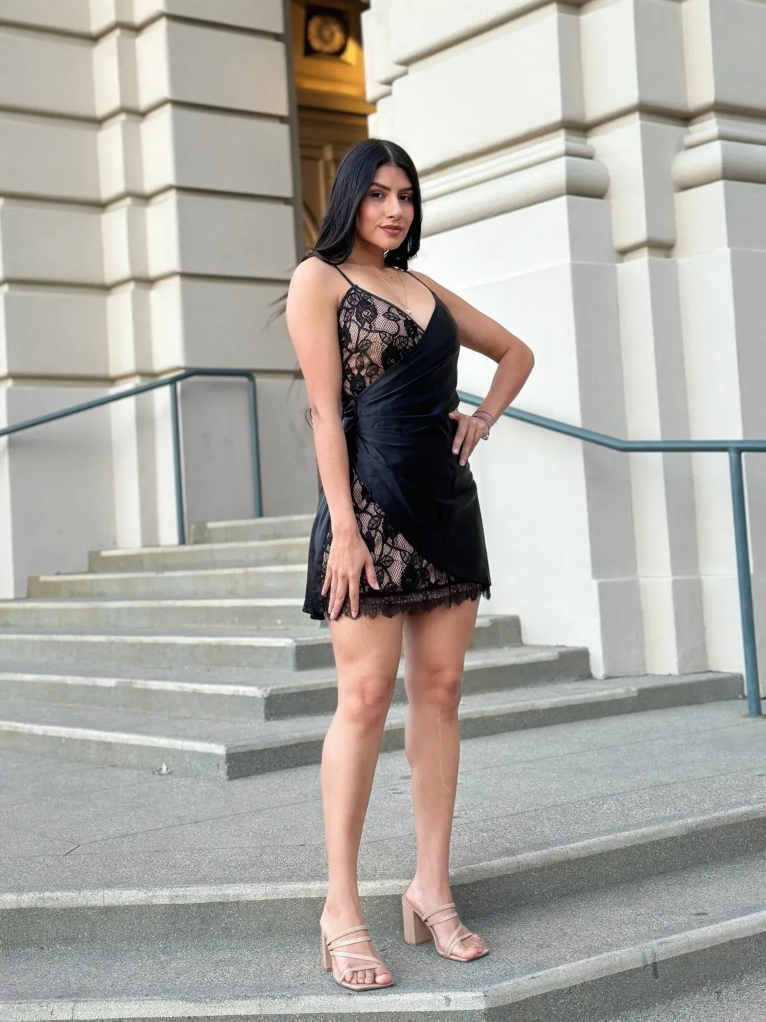 Sexy Party Satin Wrap Like & Lace Nude Mini Dress | Mixtshop LLC