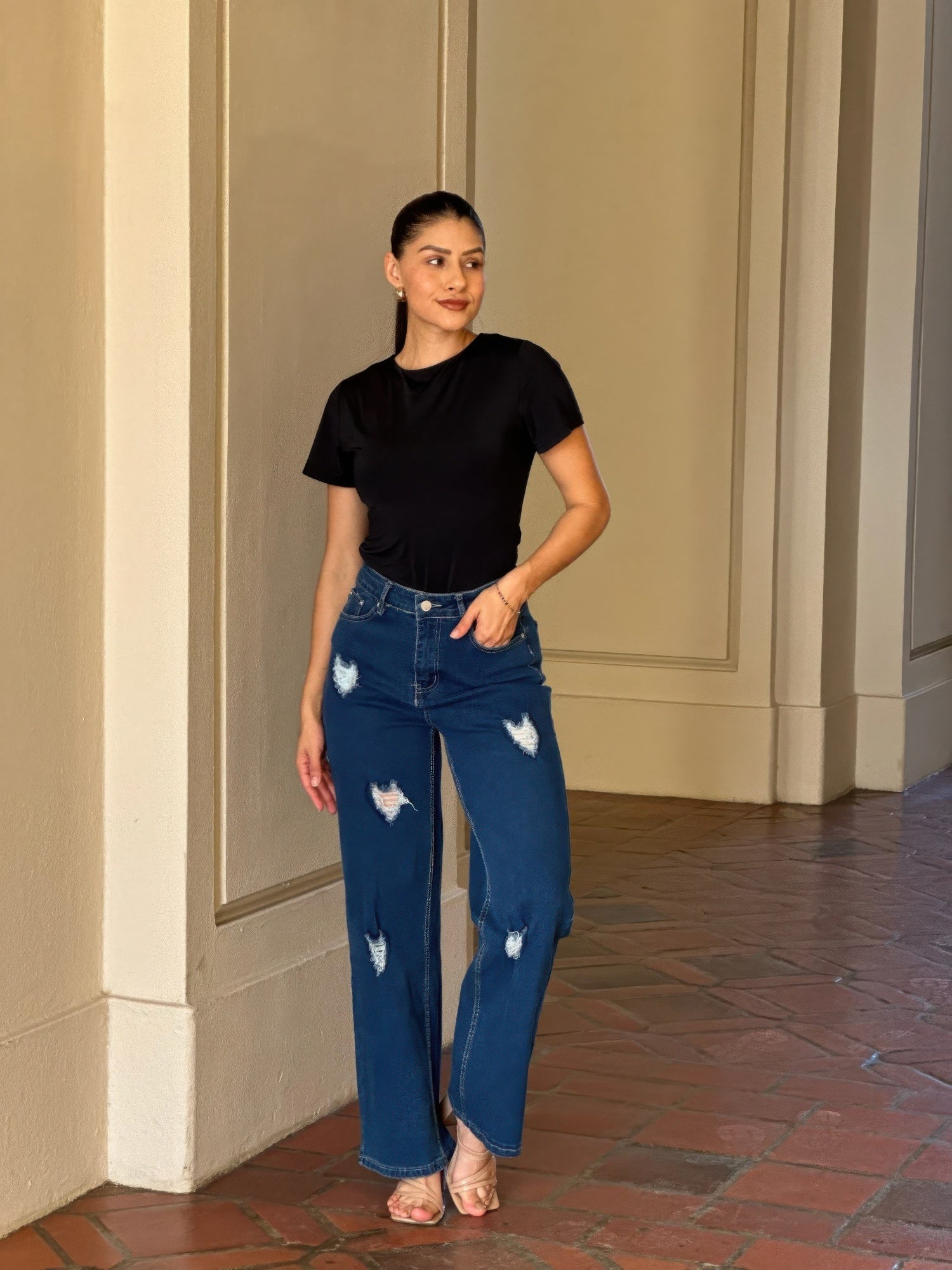Embroidered Distressed Heart Wide Leg Denim Jean Secondary image