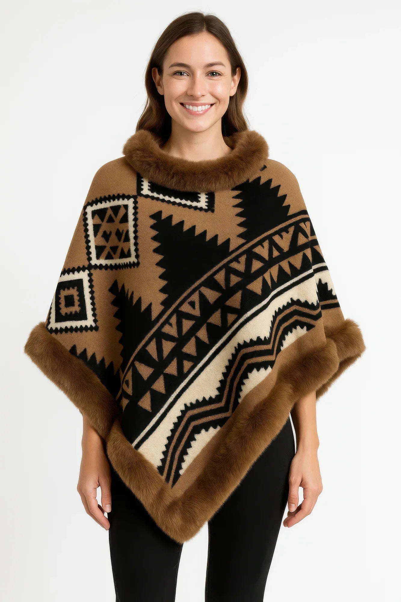 Tribal Luxe Faux Fur Trim Poncho | Mixtshop LLC Main image