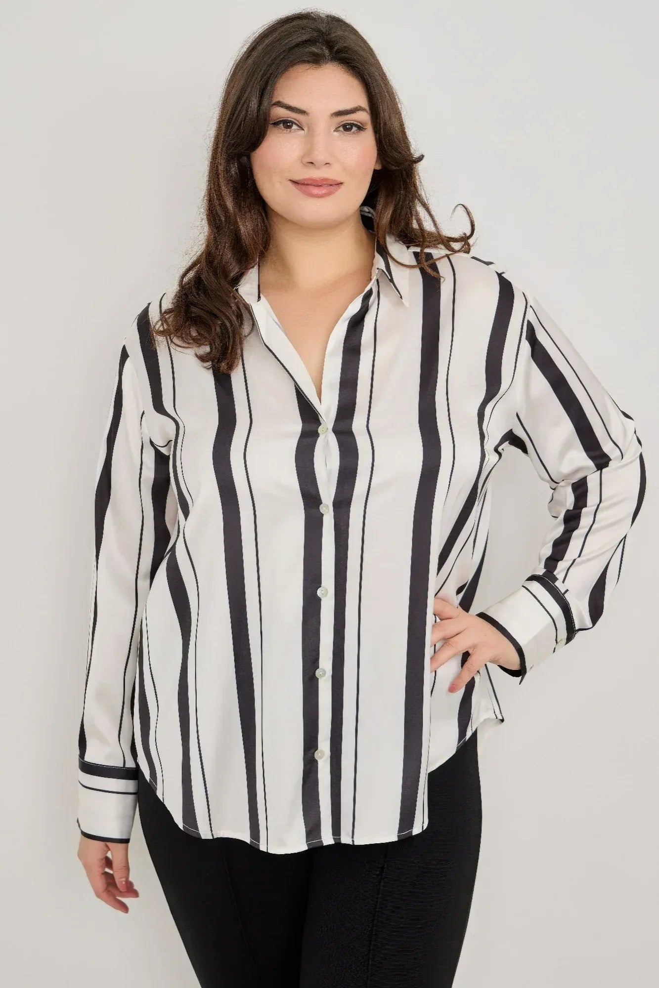 Plus Size Vertical Stripe Button Down Blouse | Mixtshop LLC Main image