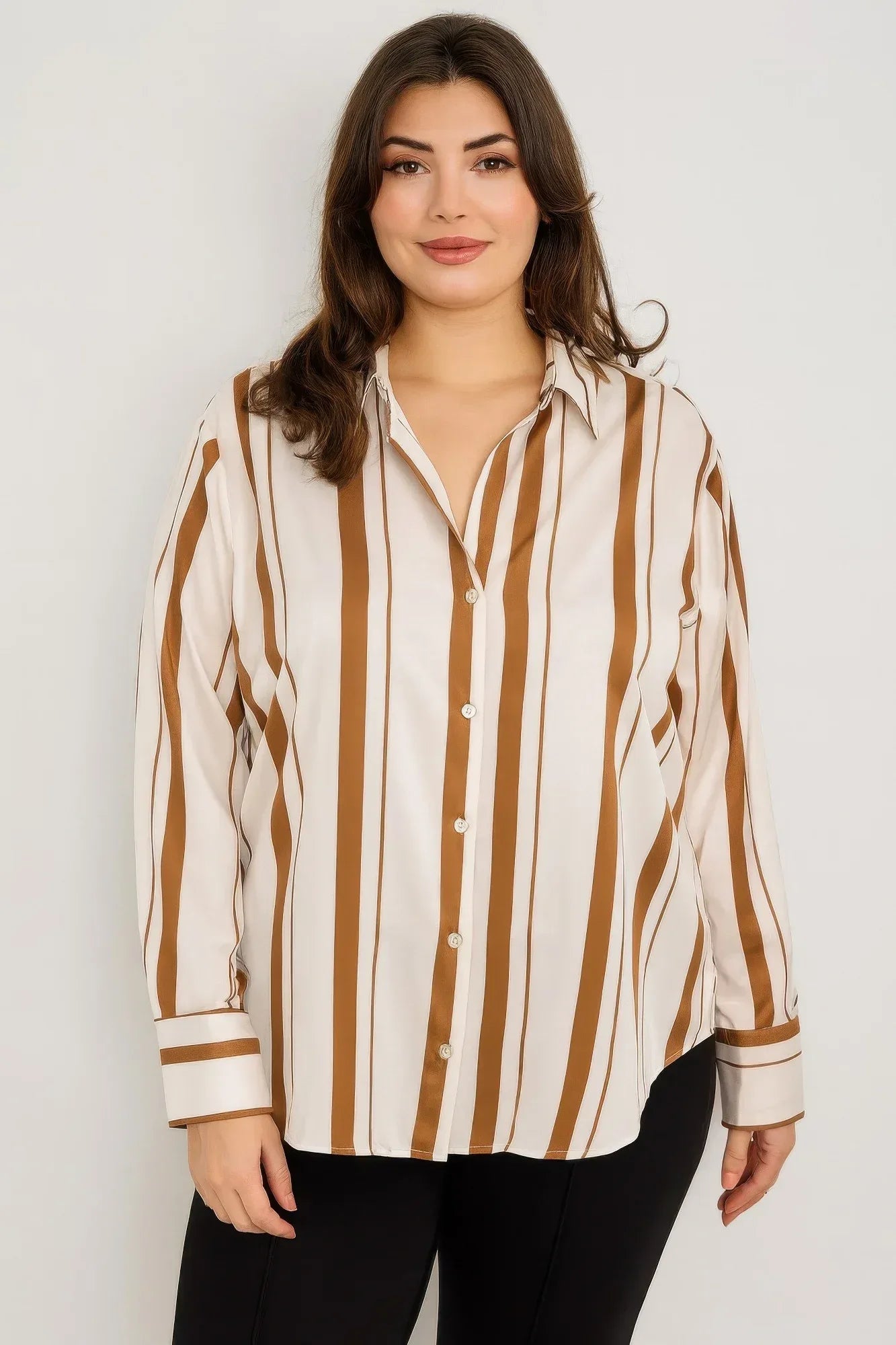 Plus Size Vertical Stripe Button Down Blouse | Mixtshop LLC Main image