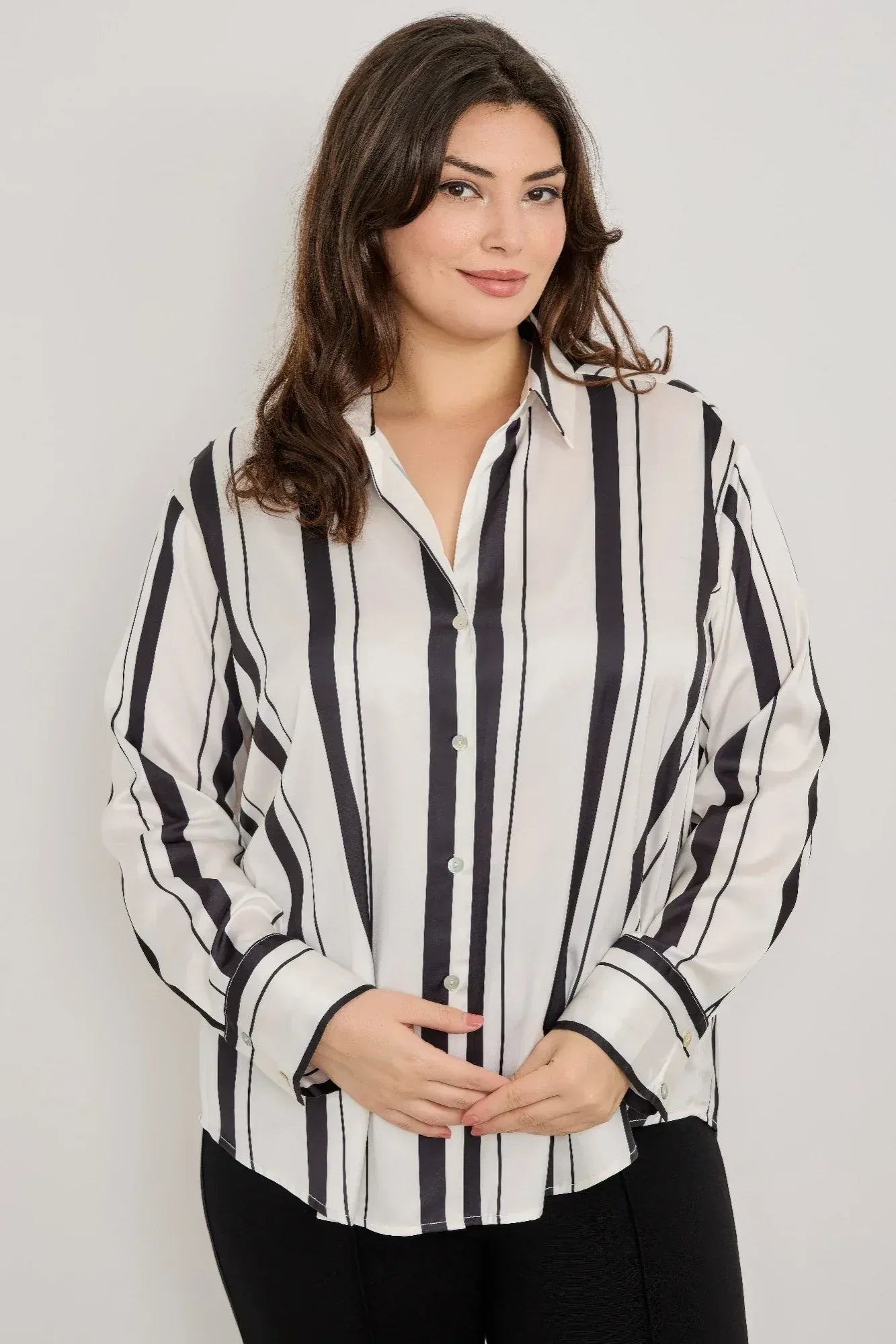 Plus Size Vertical Stripe Button Down Blouse | Mixtshop LLC