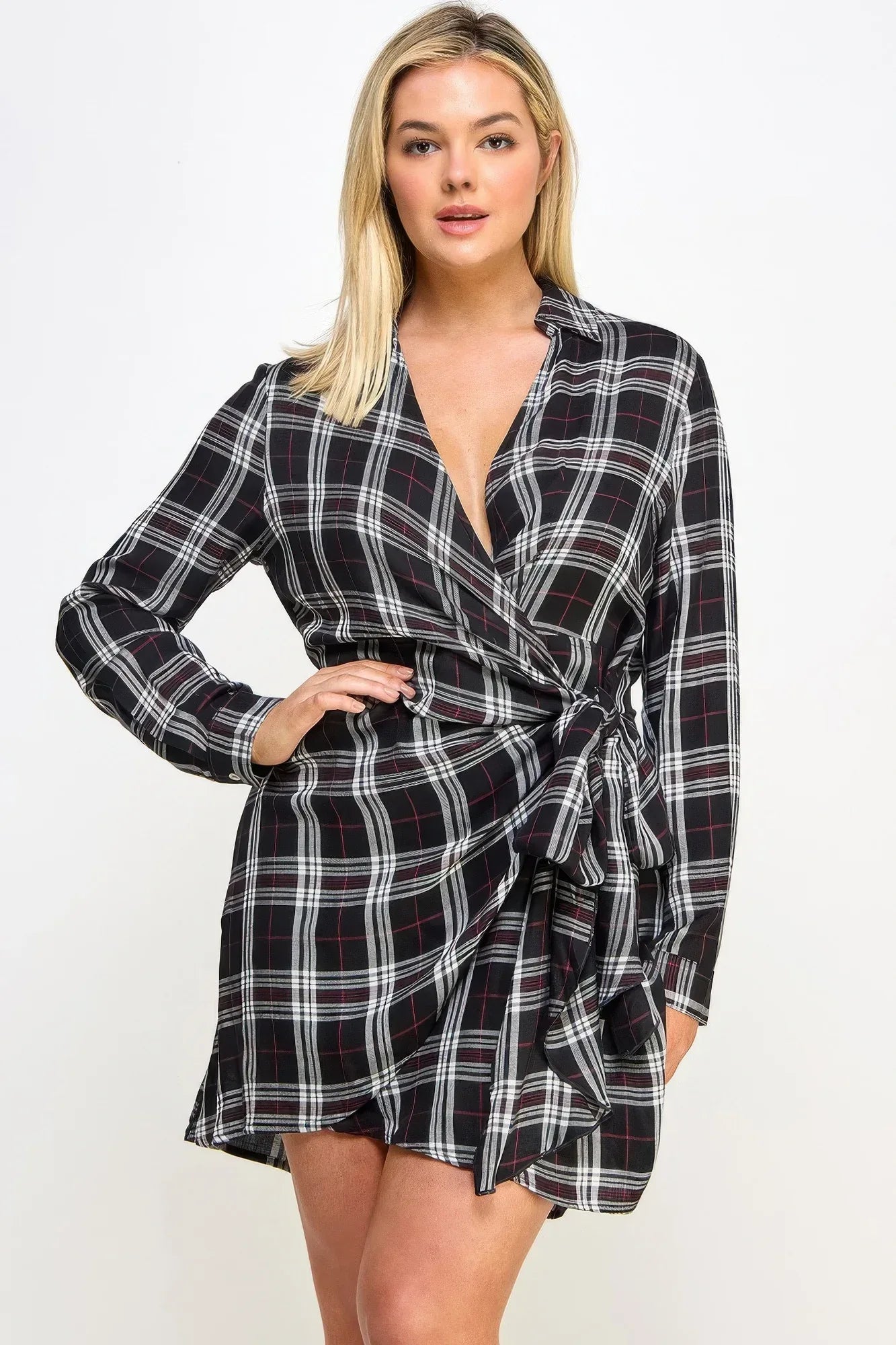 Plus Size Long Sleeve Plaid Side Tie Dress | Mixtshop LLC