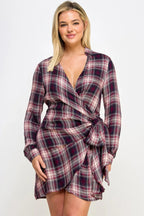 Plus Size Long Sleeve Plaid Side Tie Dress | Mixtshop LLC