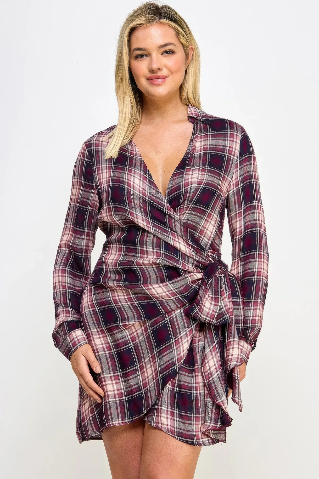 Plus Size Long Sleeve Plaid Side Tie Dress | Mixtshop LLC