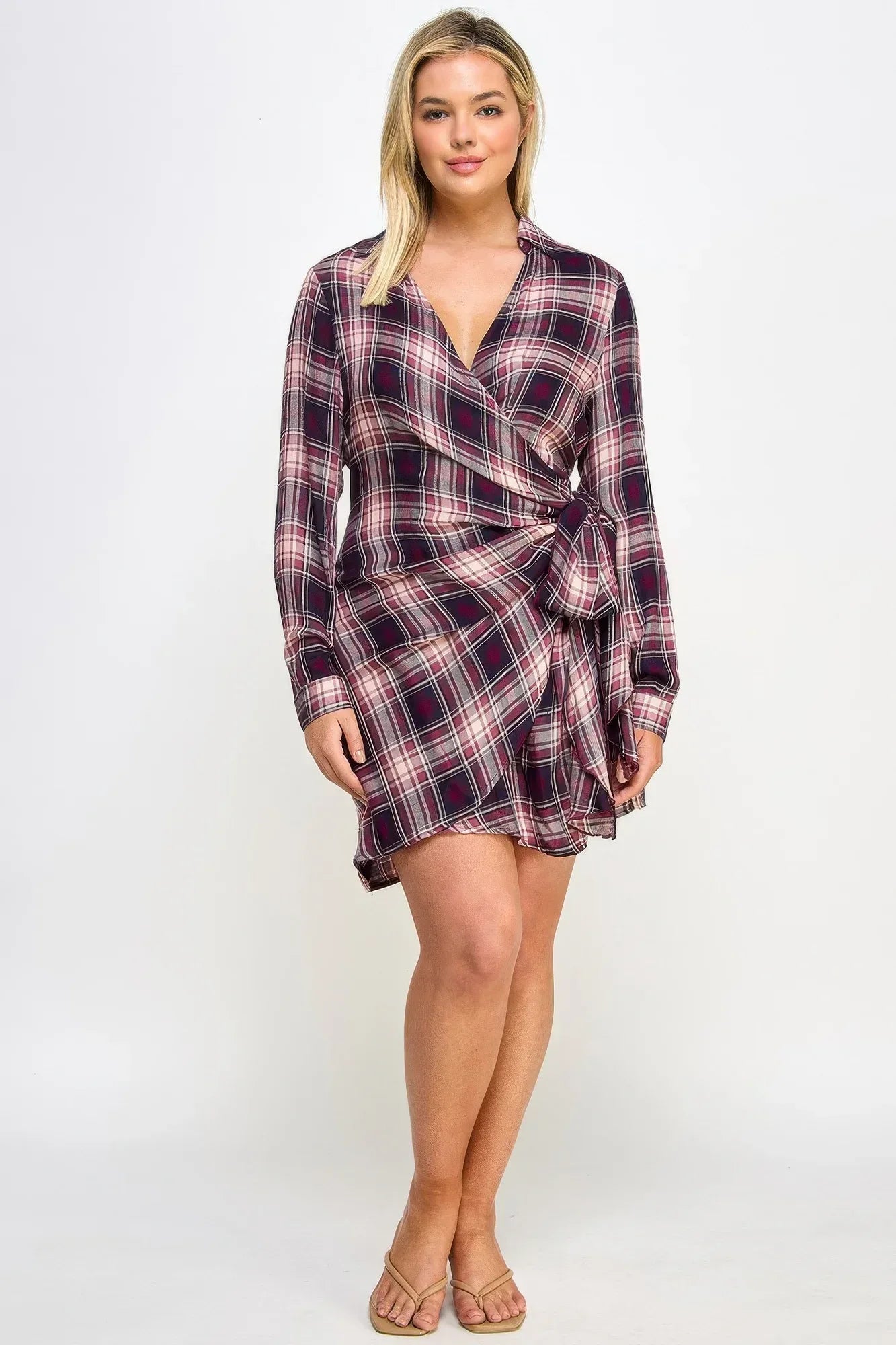 Plus Size Long Sleeve Plaid Side Tie Dress | Mixtshop LLC