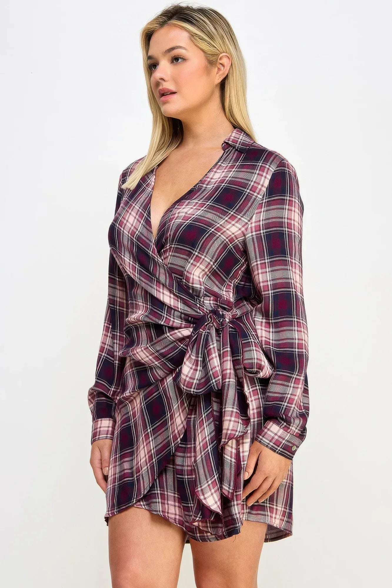 Plus Size Long Sleeve Plaid Side Tie Dress | Mixtshop LLC