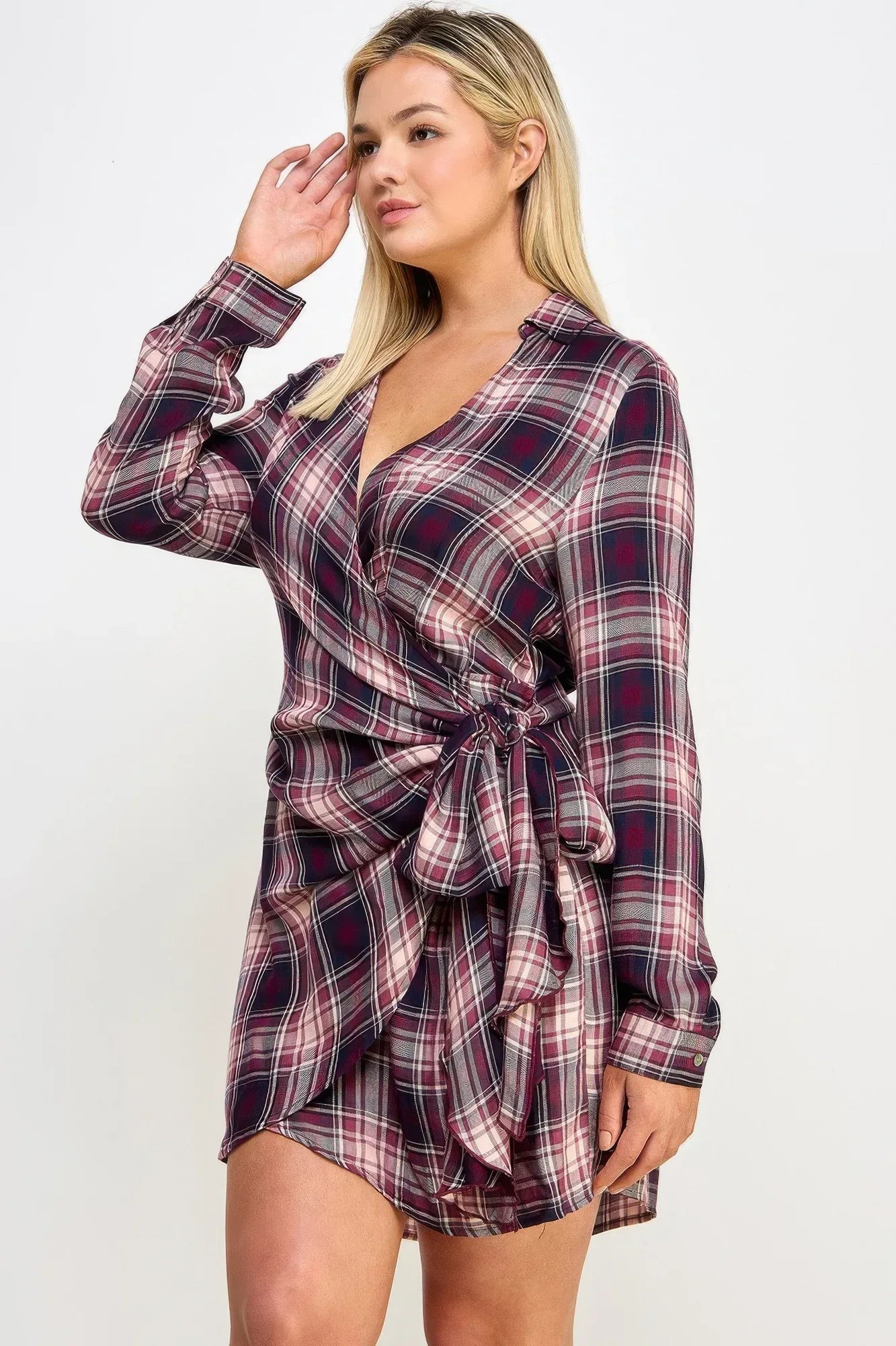 Plus Size Long Sleeve Plaid Side Tie Dress | Mixtshop LLC