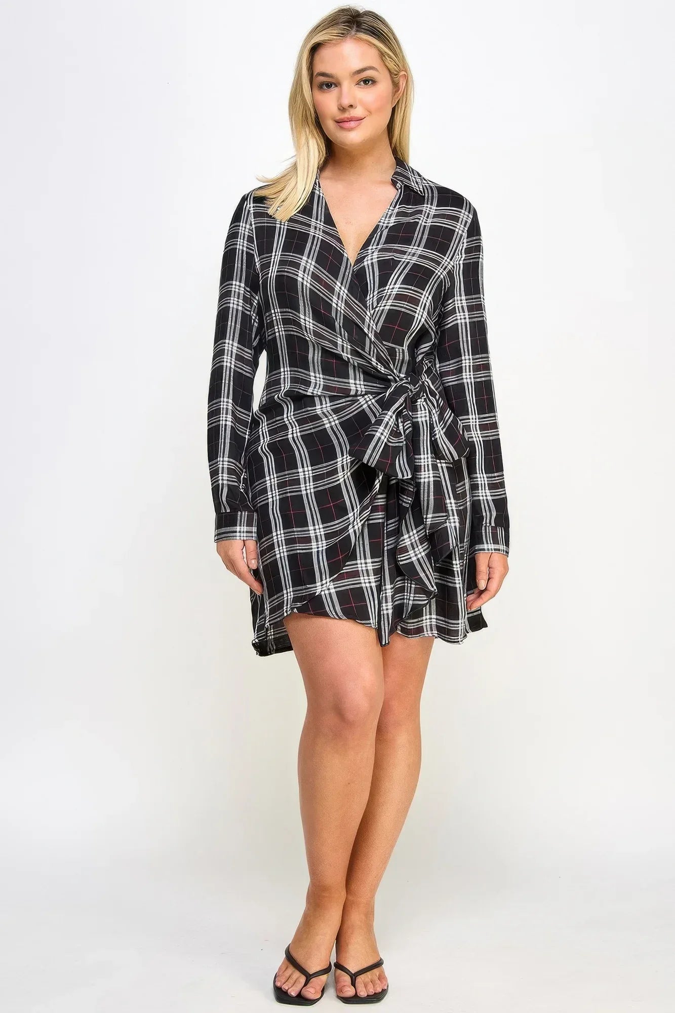 Plus Size Long Sleeve Plaid Side Tie Dress | Mixtshop LLC