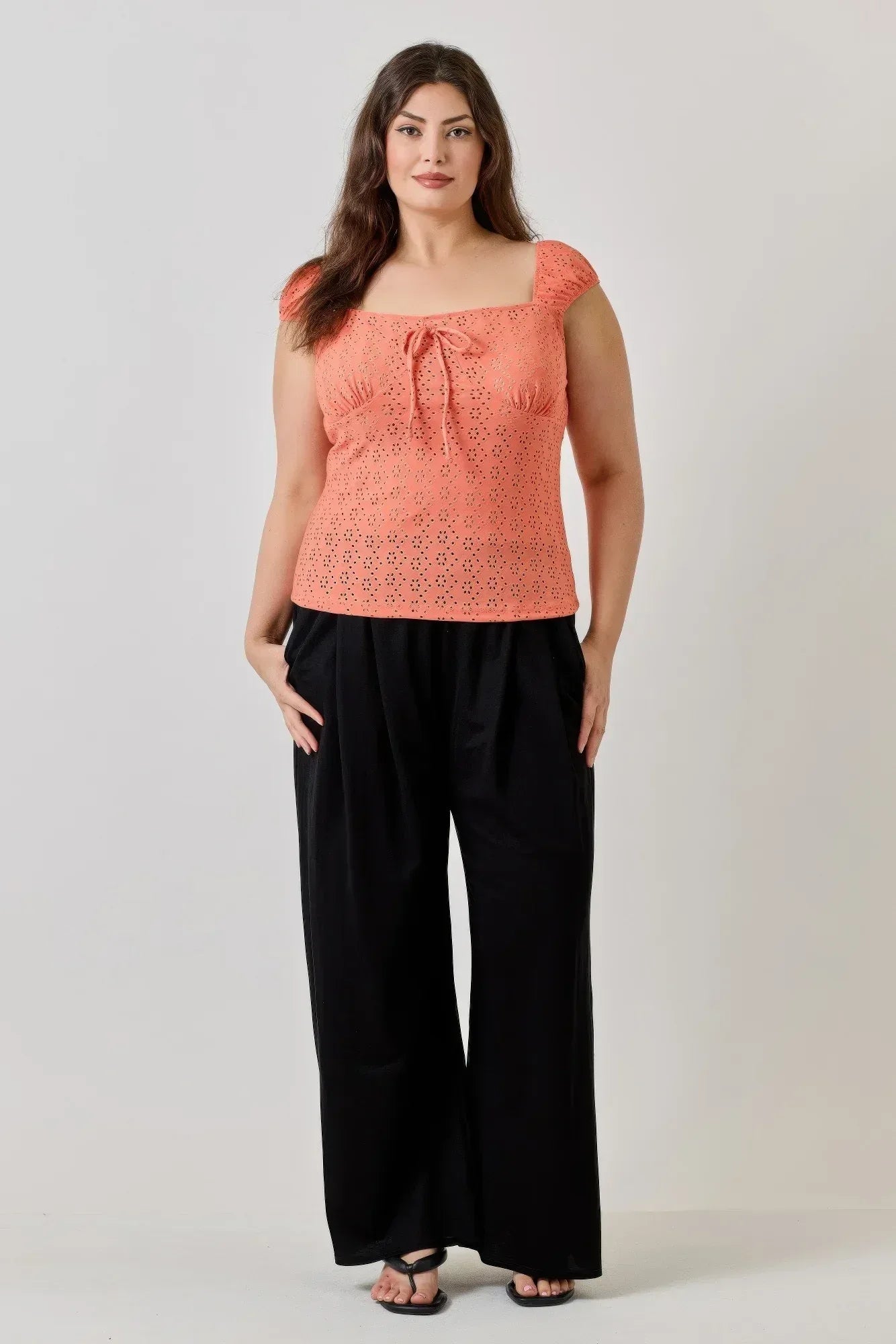 Plus Size Knit Eyelet Cap Sleeve Top Secondary image