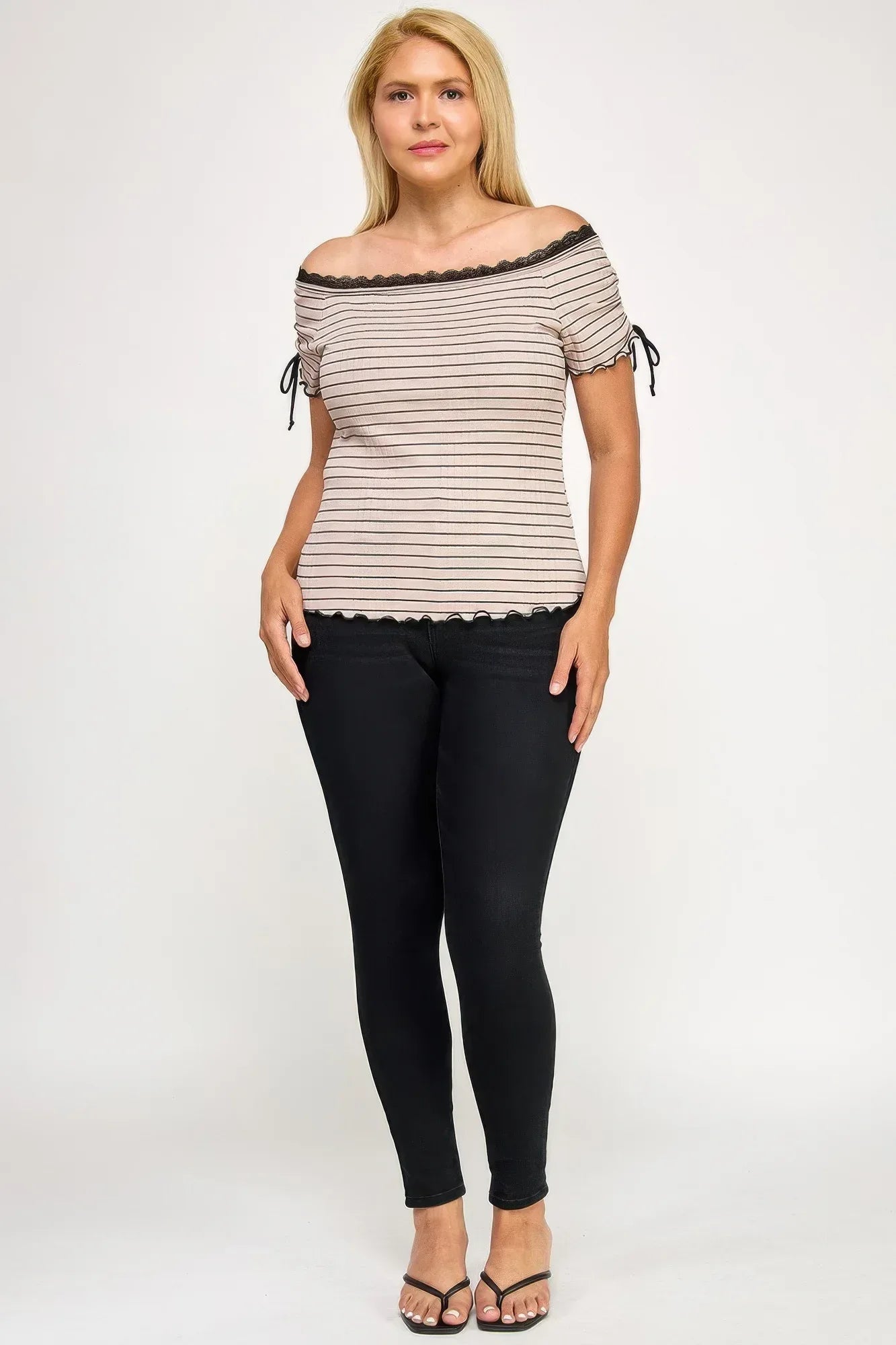 Plus Size Ots Knit Rib Striped Lace Edge Top Secondary image