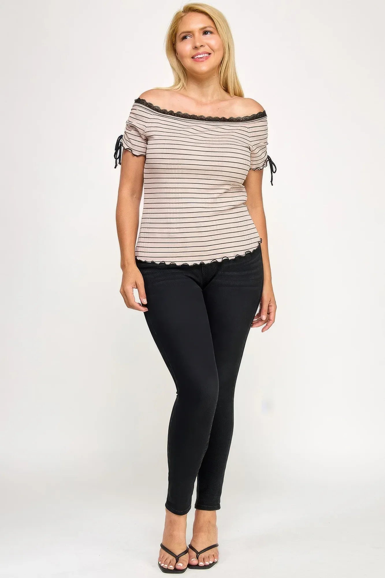 Plus Size Ots Knit Rib Striped Lace Edge Top | Mixtshop LLC