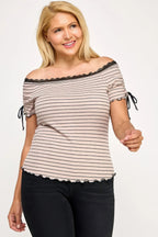 Plus Size Ots Knit Rib Striped Lace Edge Top | Mixtshop LLC