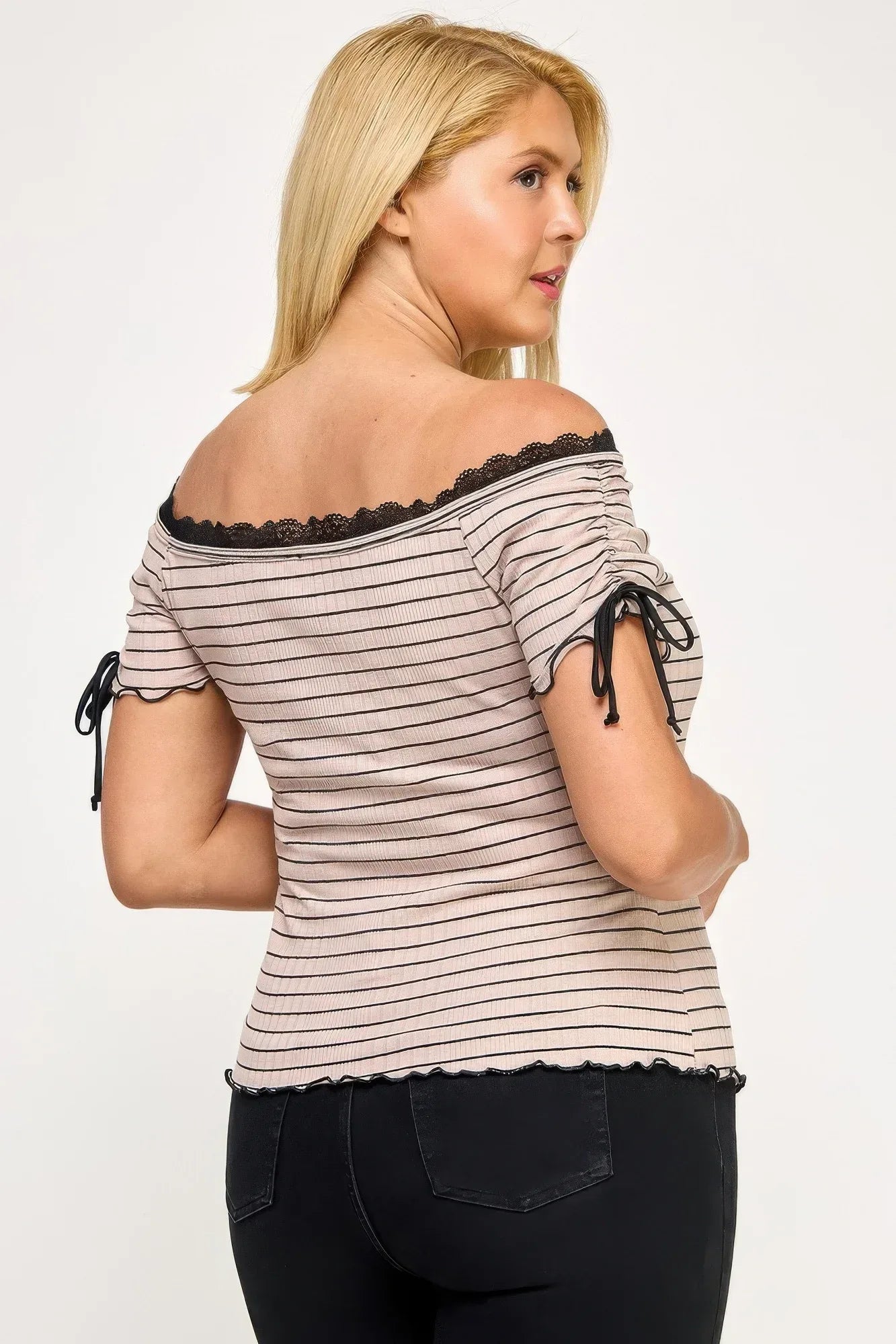 Plus Size Ots Knit Rib Striped Lace Edge Top | Mixtshop LLC