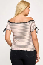 Plus Size Ots Knit Rib Striped Lace Edge Top | Mixtshop LLC