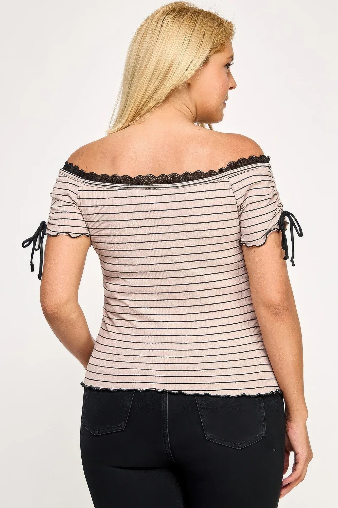 Plus Size Ots Knit Rib Striped Lace Edge Top | Mixtshop LLC