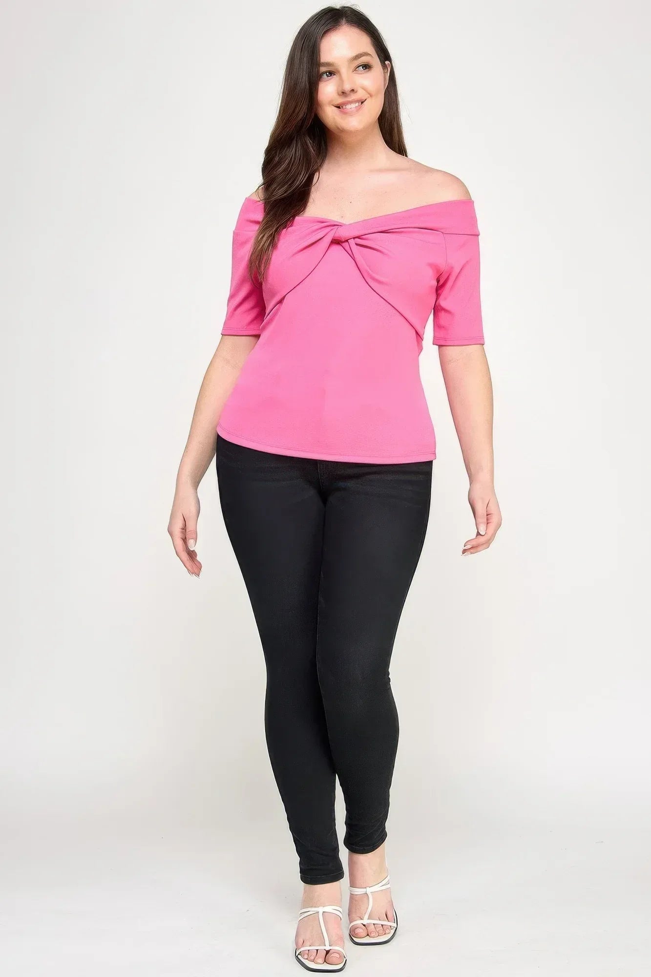 Plus Size Off The Shoulder Knit Rib Twist Knot Top | Mixtshop LLC