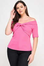 Plus Size Off The Shoulder Knit Rib Twist Knot Top | Mixtshop LLC