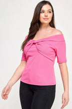 Plus Size Off The Shoulder Knit Rib Twist Knot Top | Mixtshop LLC