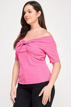 Plus Size Off The Shoulder Knit Rib Twist Knot Top | Mixtshop LLC