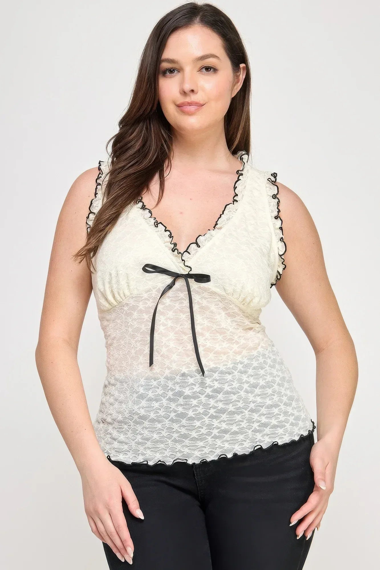 Plus Size Sleeveless Ruffle Lace Bow Tie Front Top | Mixtshop LLC
