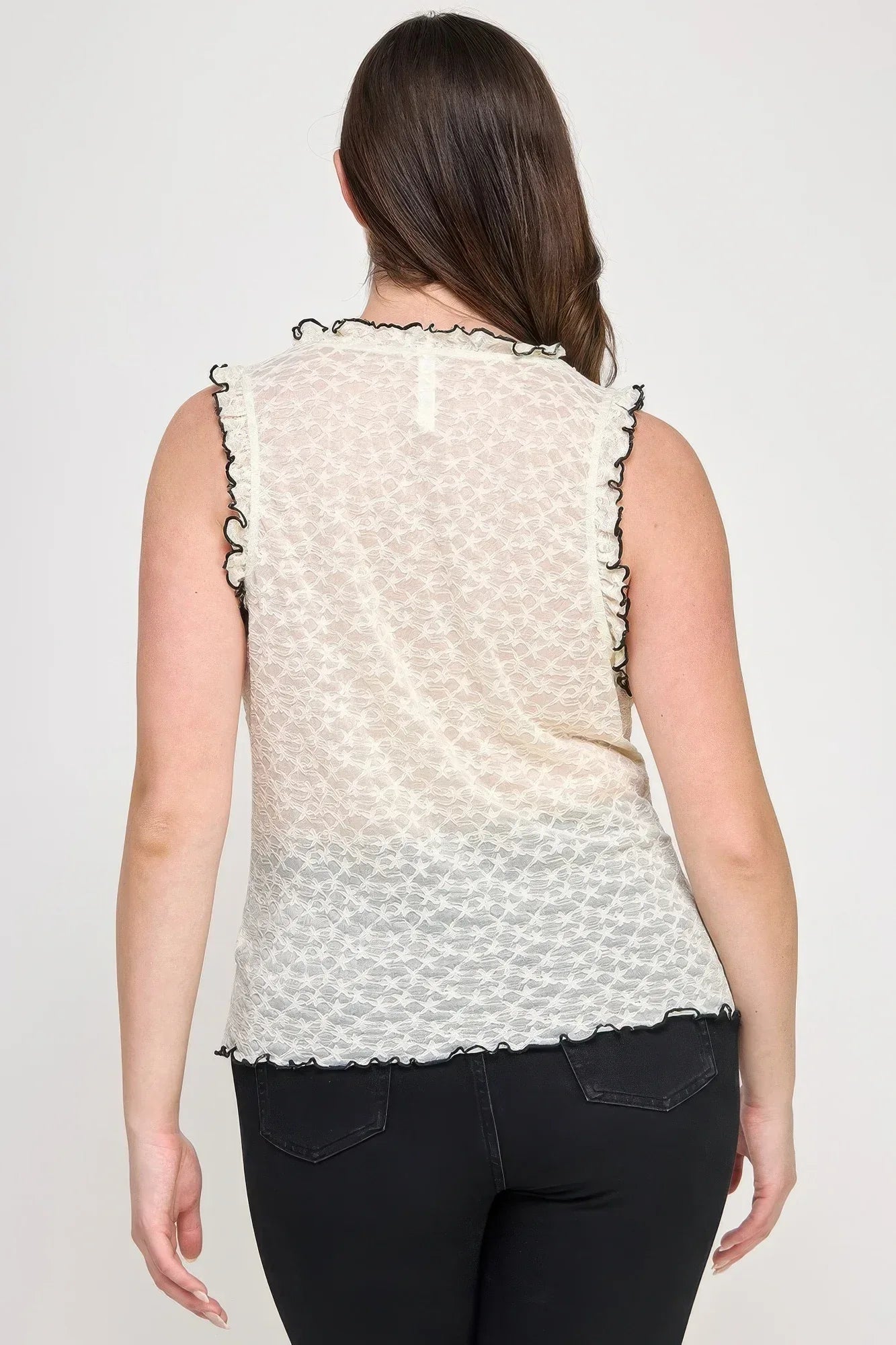 Plus Size Sleeveless Ruffle Lace Bow Tie Front Top | Mixtshop LLC