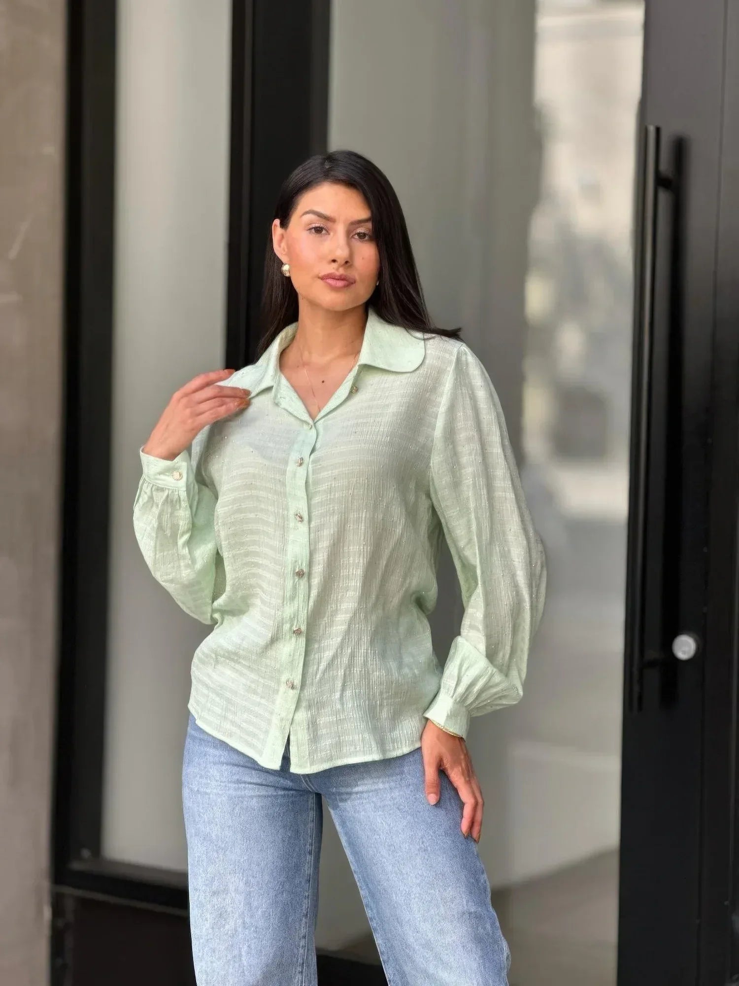 Collar Button Down Rhine Stone Detail Blouse | Mixtshop LLC Main image