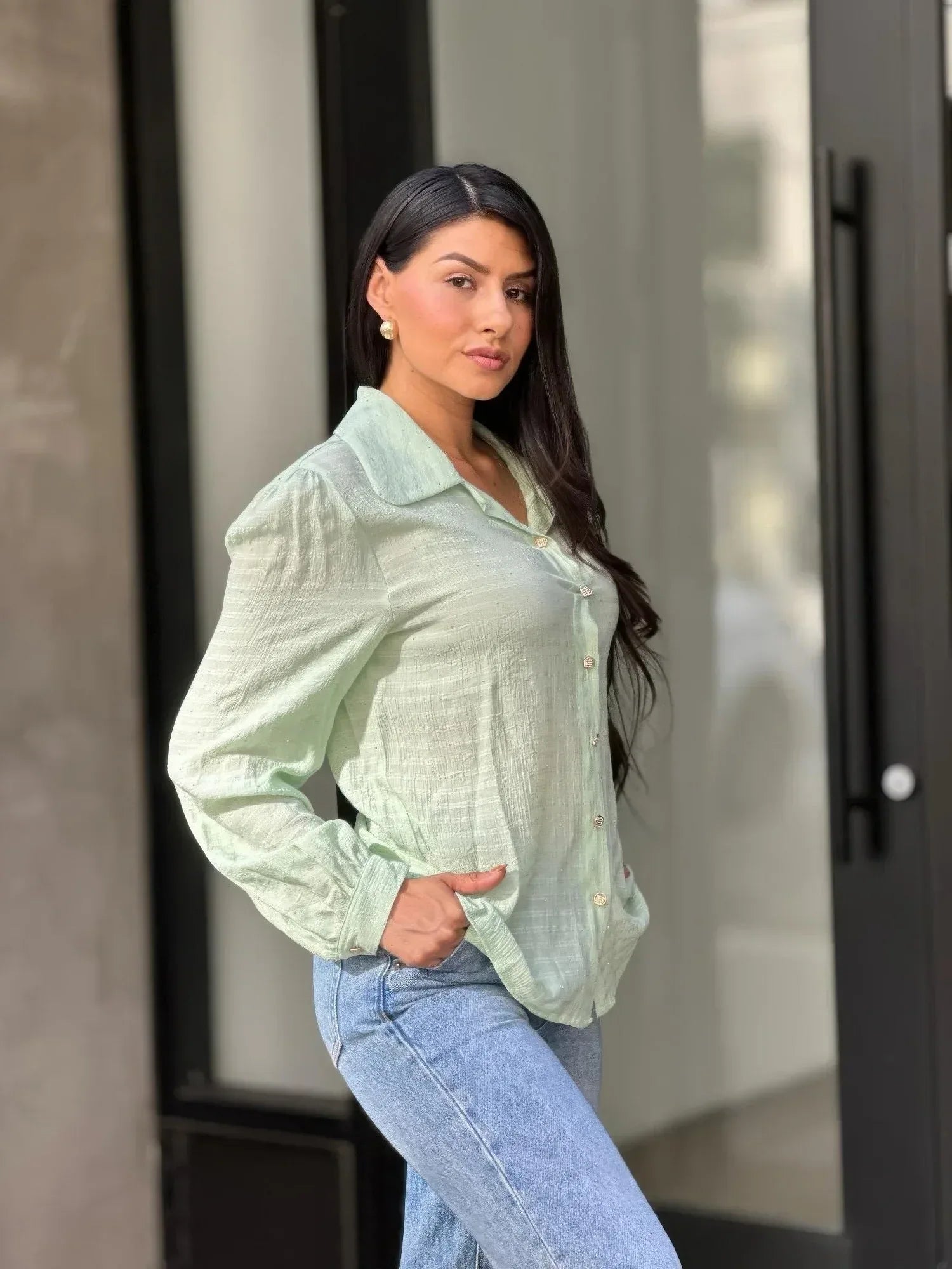 Collar Button Down Rhine Stone Detail Blouse | Mixtshop LLC