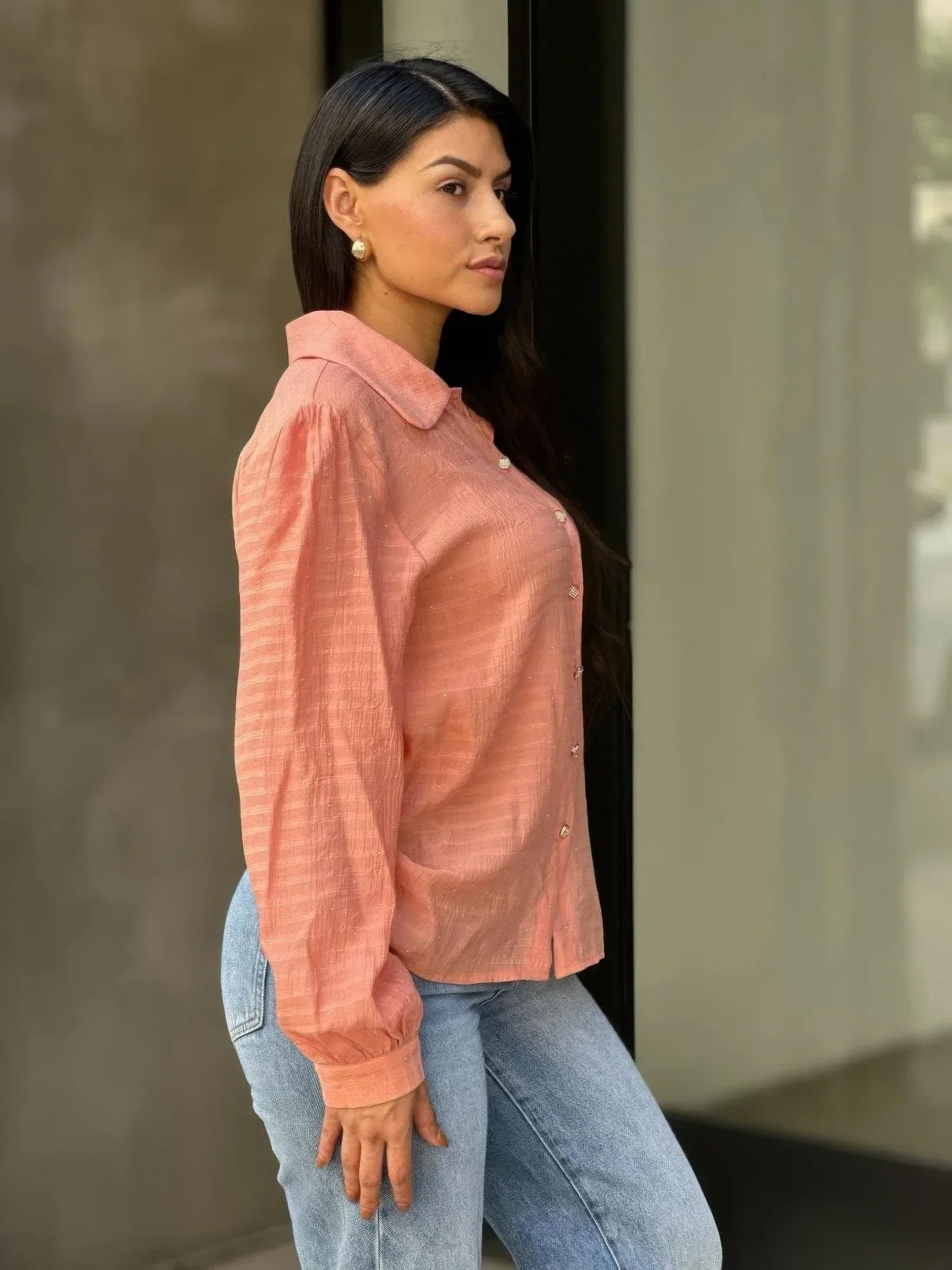 Collar Button Down Rhine Stone Detail Blouse | Mixtshop LLC