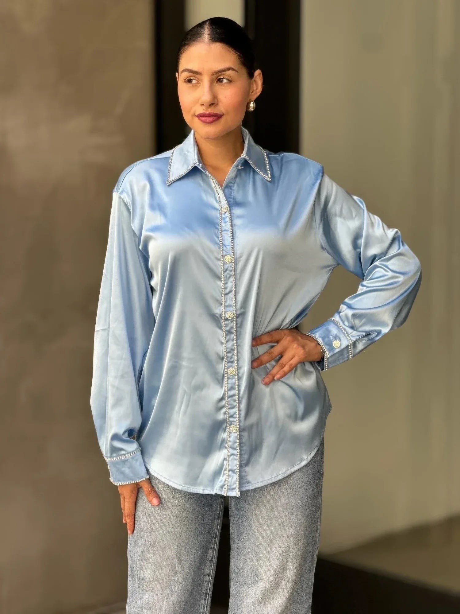 Rhinestone Diamond Lined Button Down Satin Blouse | Mixtshop LLC