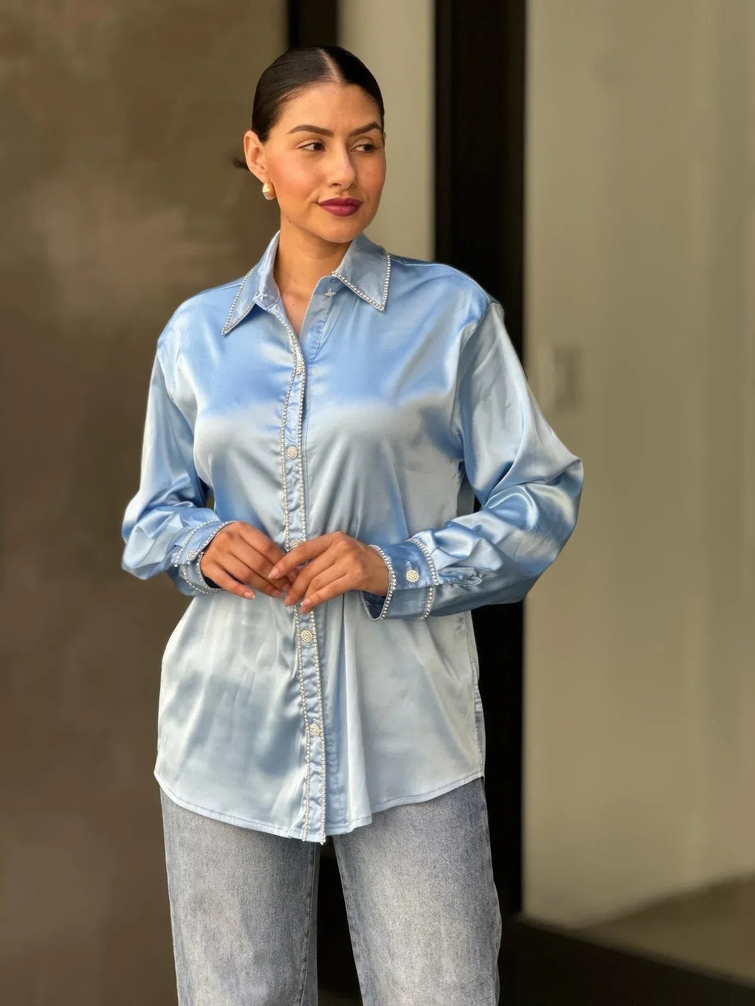 Rhinestone Diamond Lined Button Down Satin Blouse | Mixtshop LLC