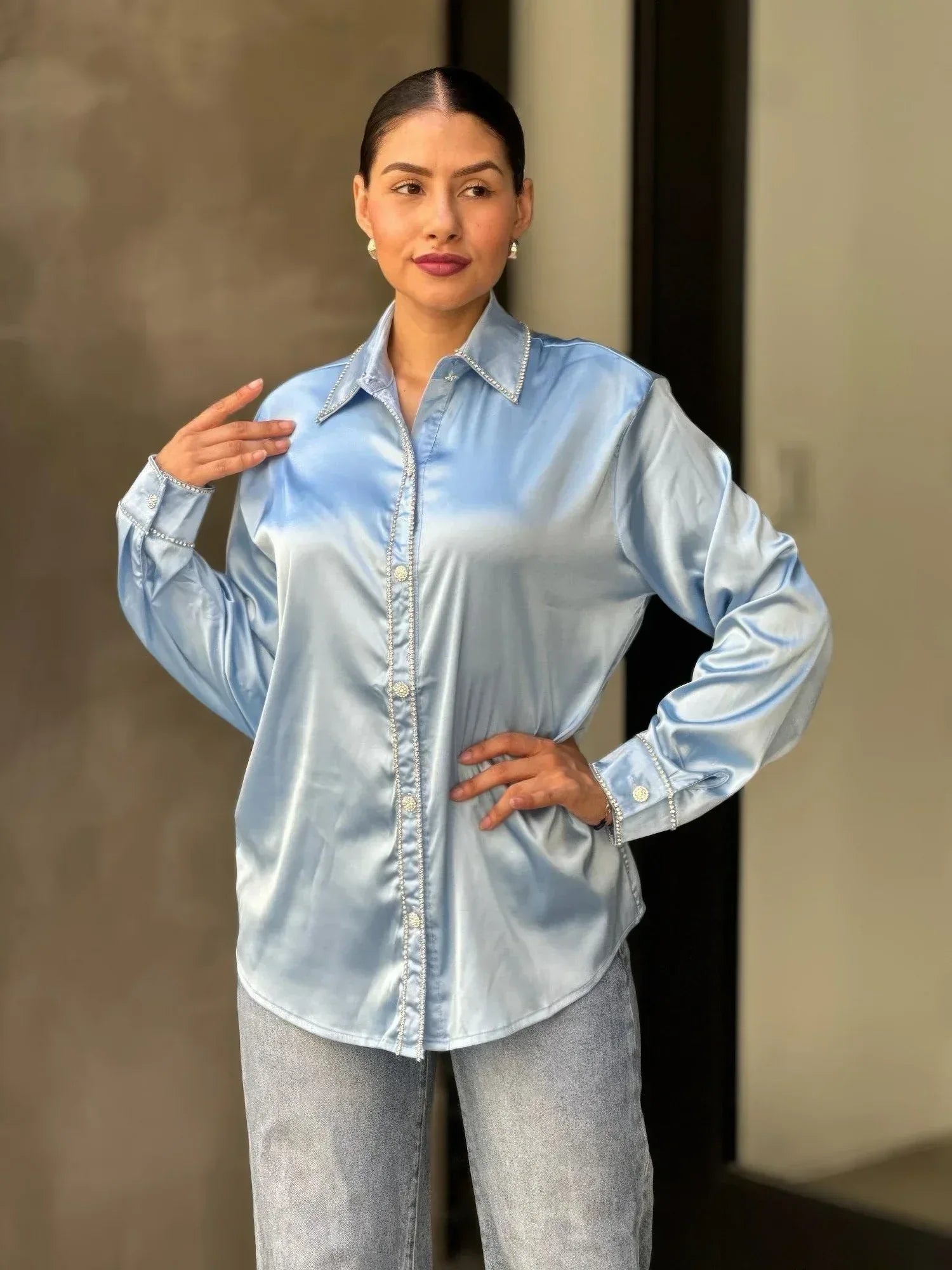 Rhinestone Diamond Lined Button Down Satin Blouse | Mixtshop LLC
