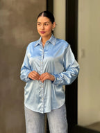 Rhinestone Diamond Lined Button Down Satin Blouse | Mixtshop LLC