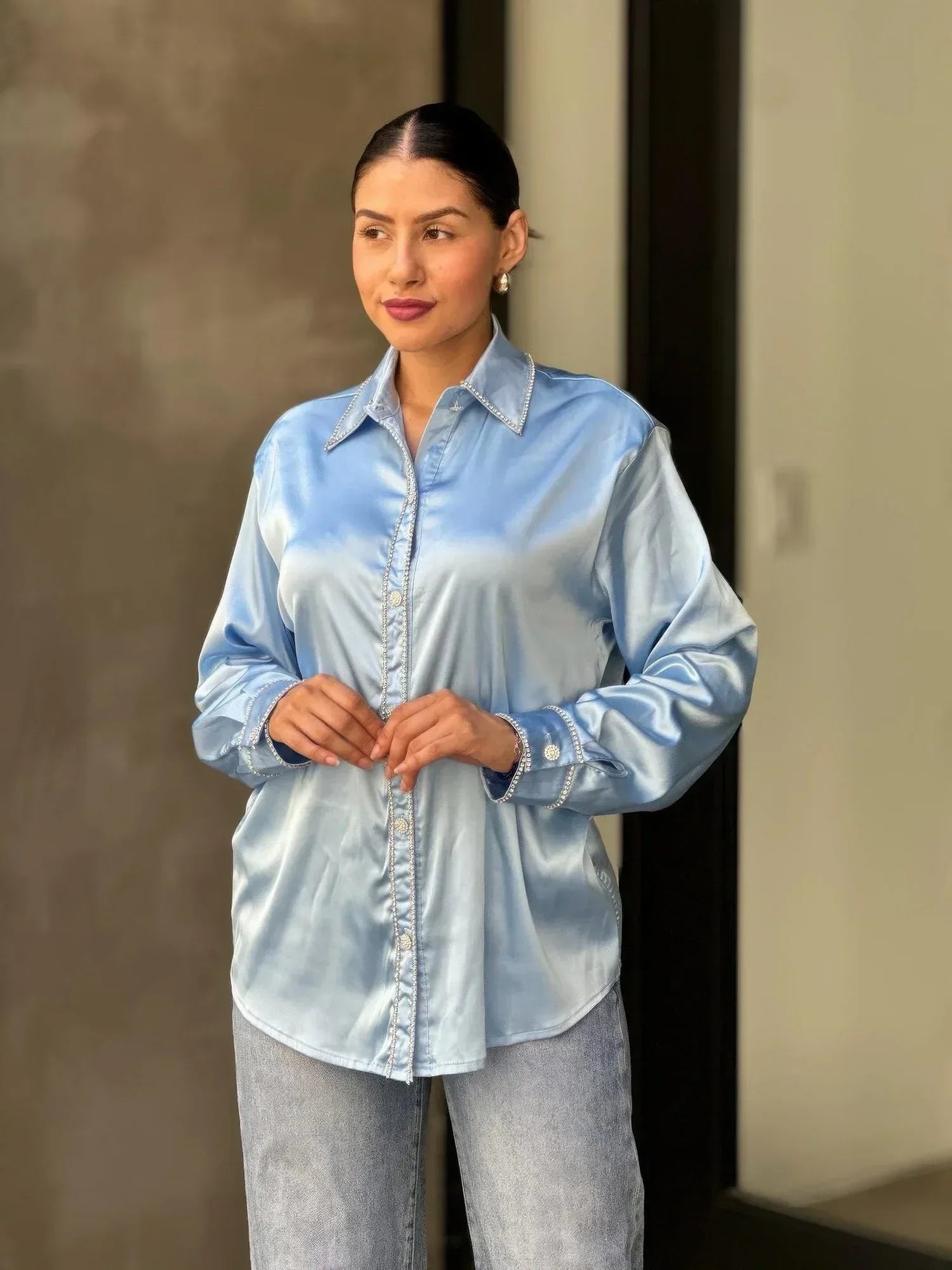 Rhinestone Diamond Lined Button Down Satin Blouse | Mixtshop LLC