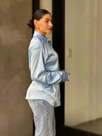 Rhinestone Diamond Lined Button Down Satin Blouse | Mixtshop LLC