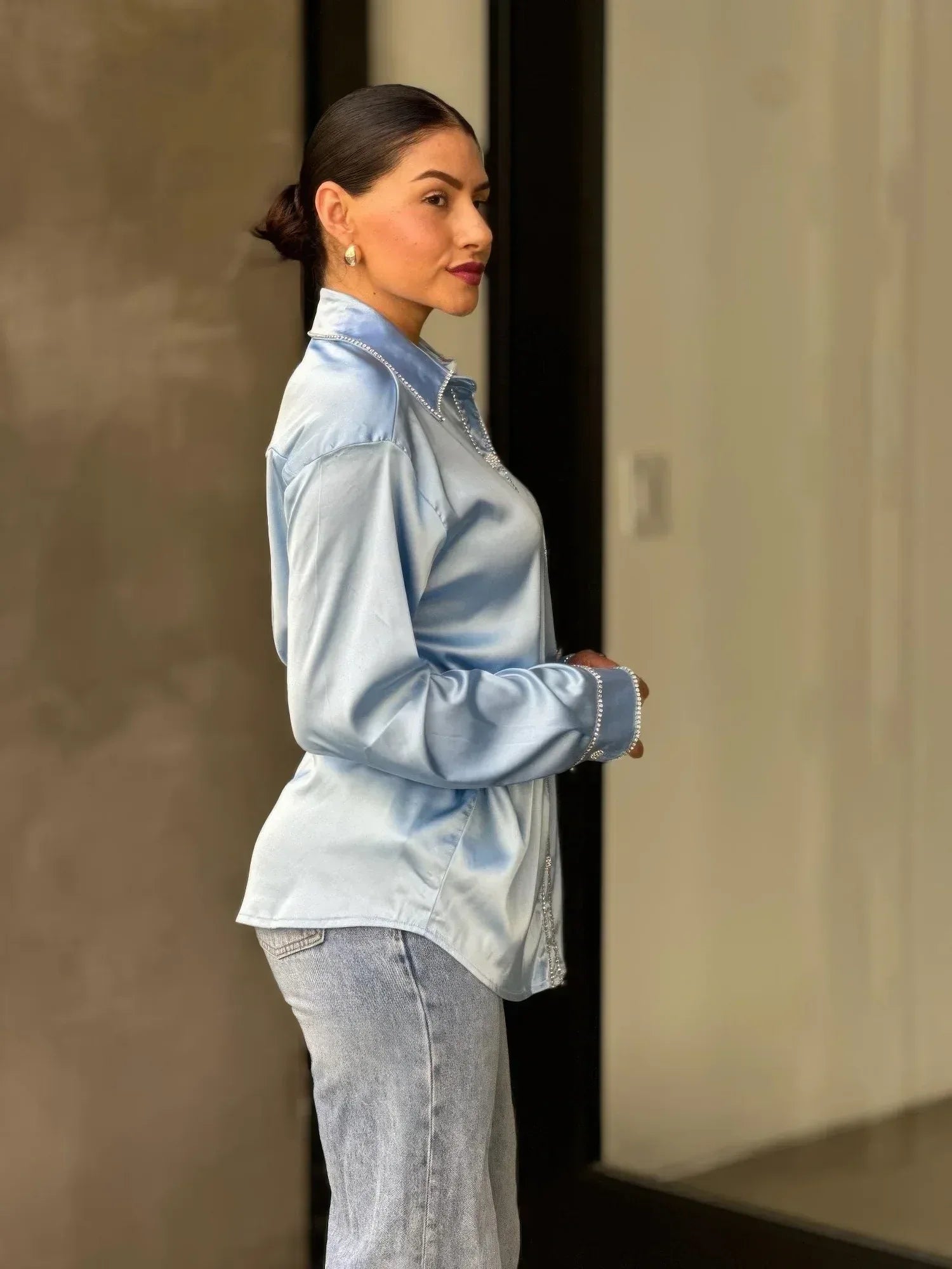 Rhinestone Diamond Lined Button Down Satin Blouse | Mixtshop LLC