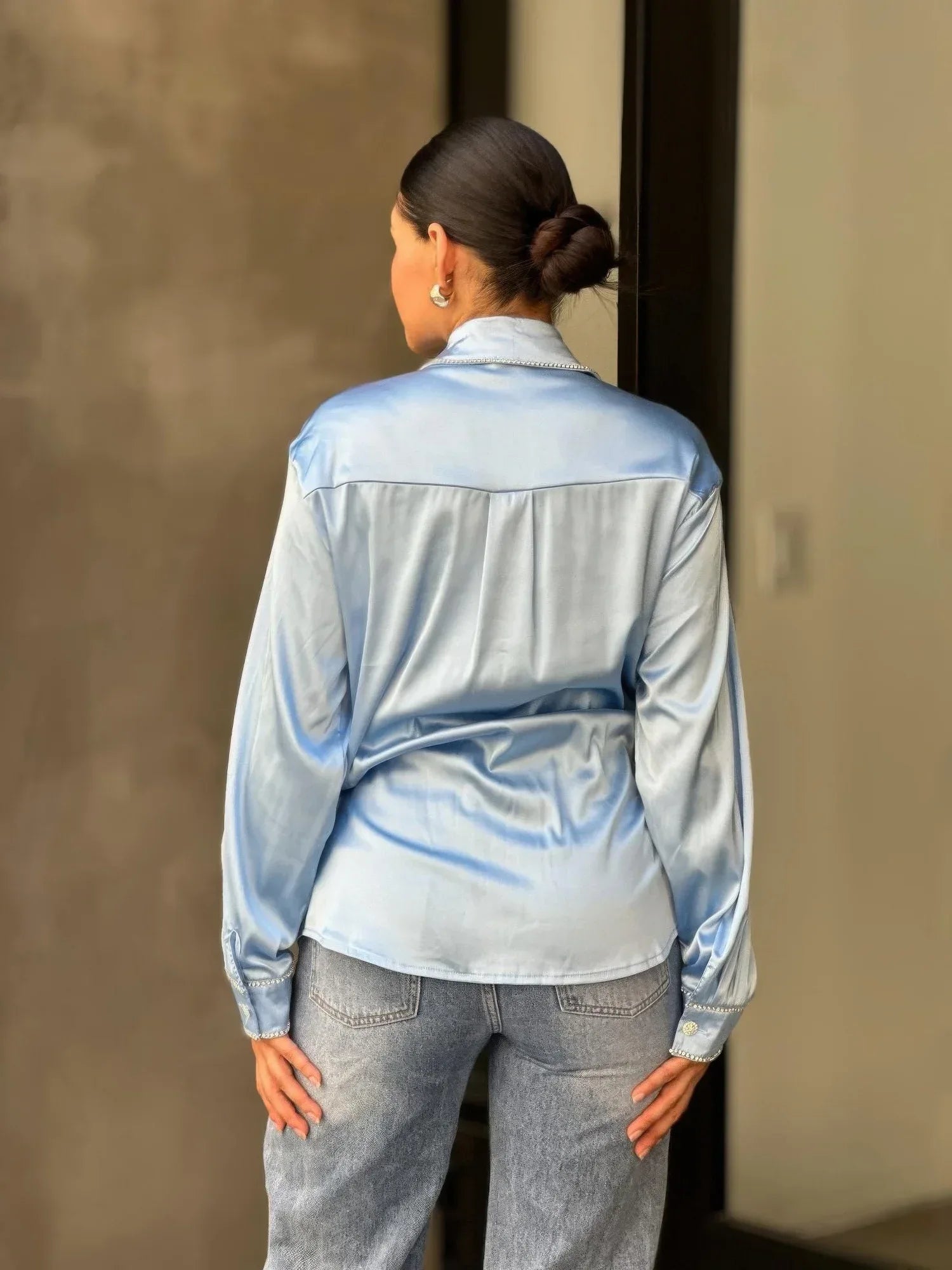 Rhinestone Diamond Lined Button Down Satin Blouse | Mixtshop LLC