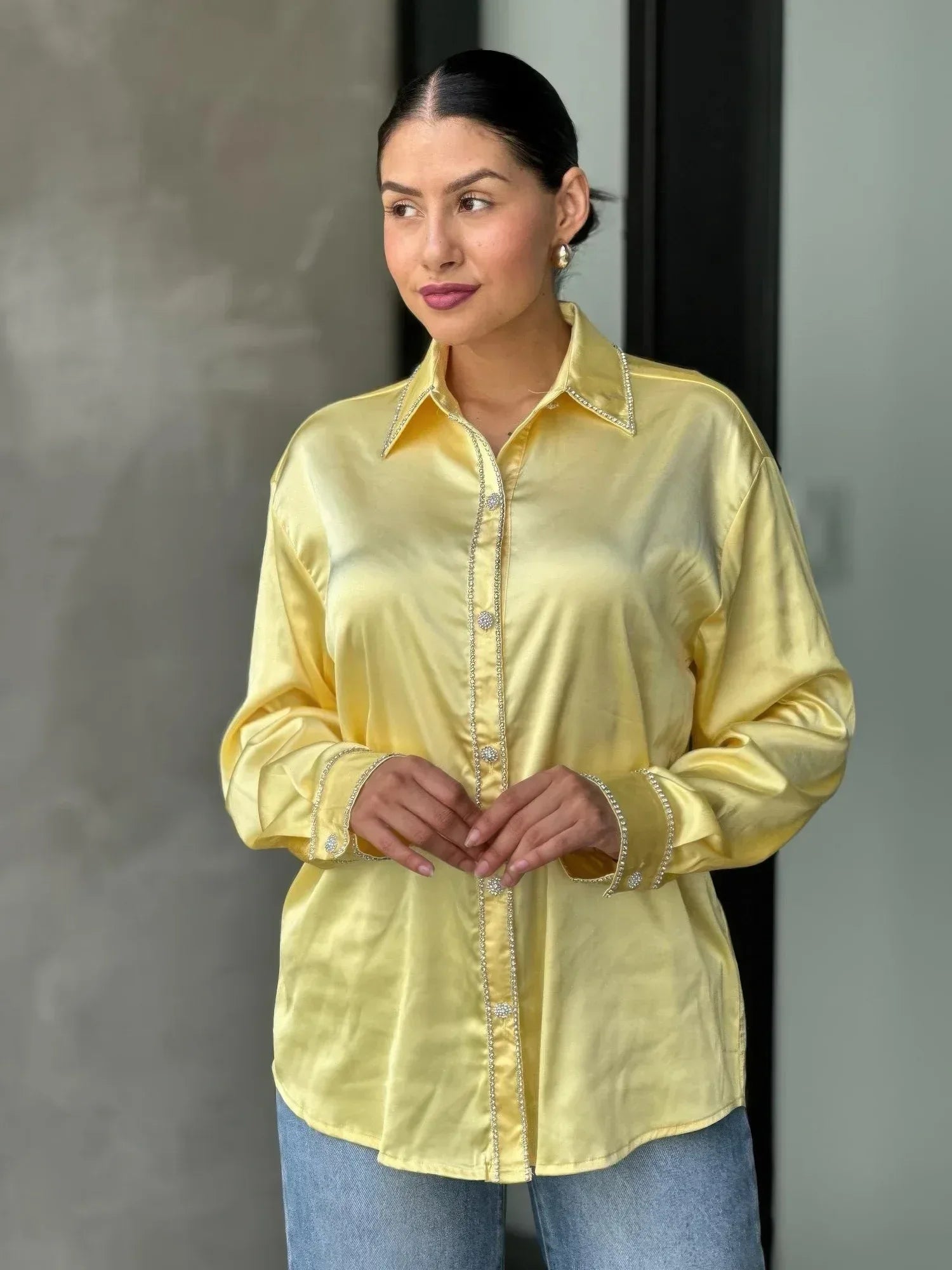 Rhinestone Diamond Lined Button Down Satin Blouse Secondary image