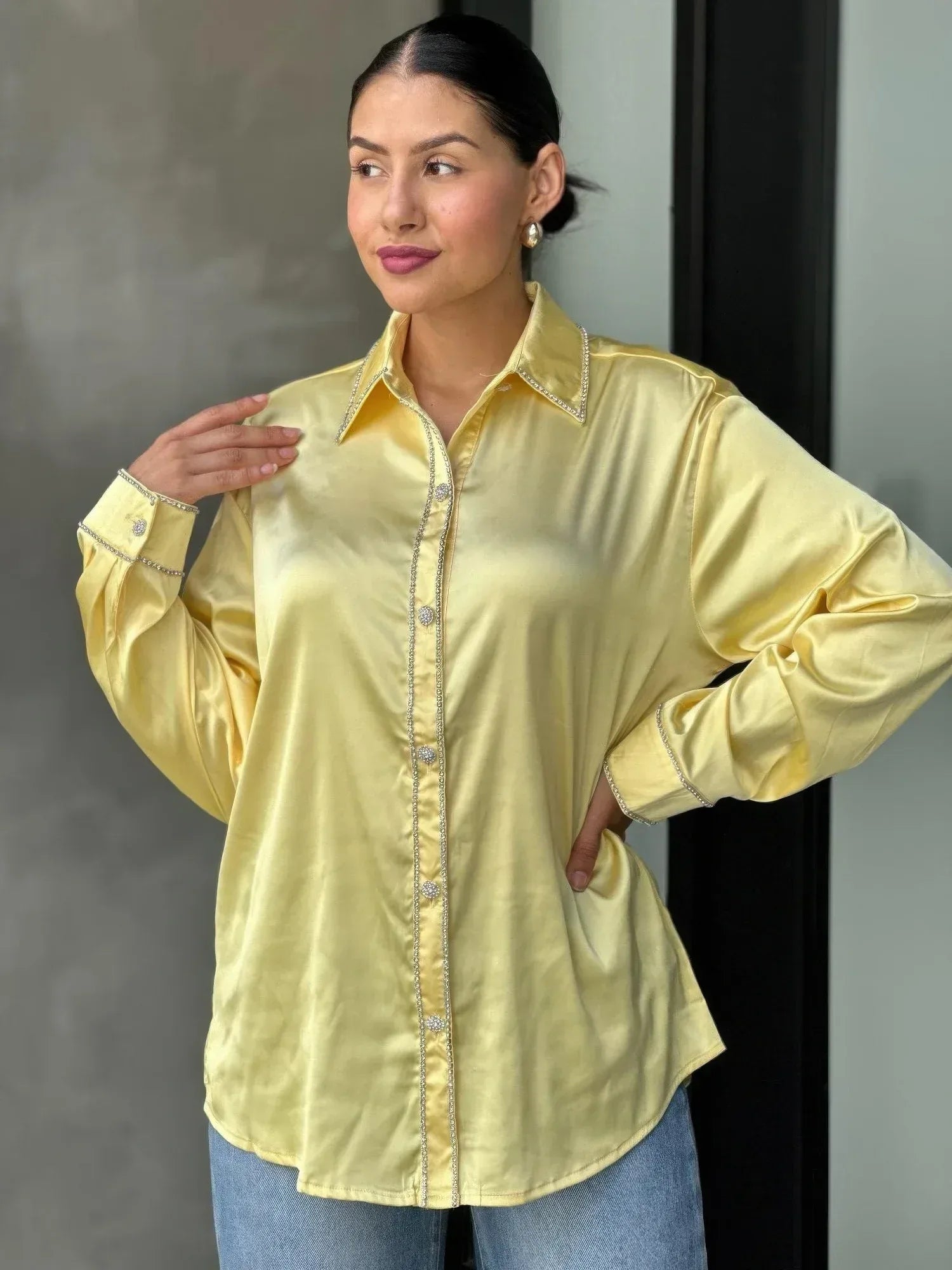 Rhinestone Diamond Lined Button Down Satin Blouse | Mixtshop LLC