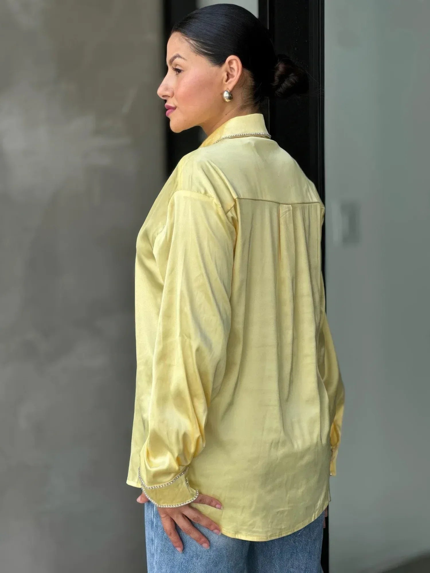 Rhinestone Diamond Lined Button Down Satin Blouse | Mixtshop LLC