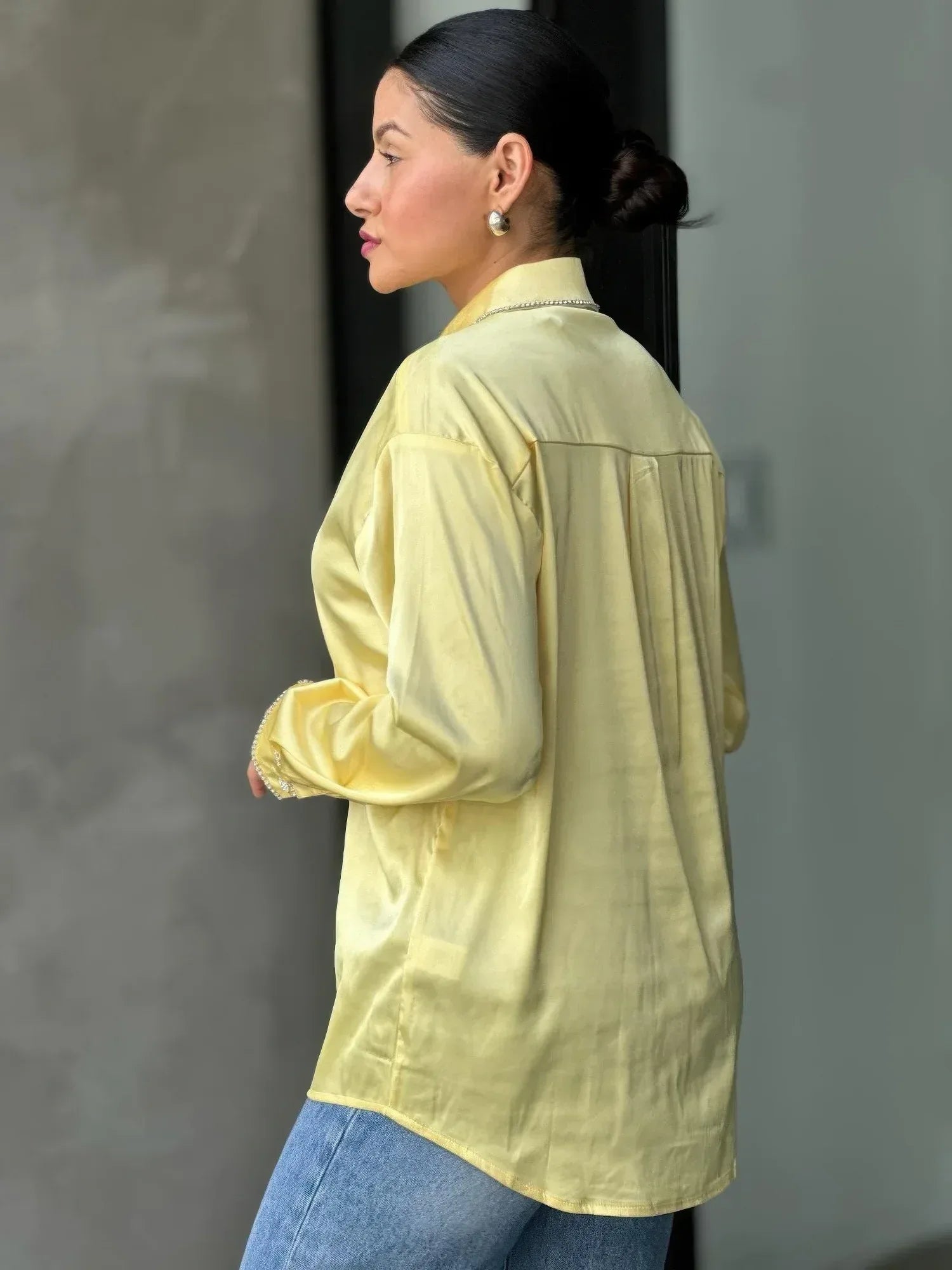 Rhinestone Diamond Lined Button Down Satin Blouse | Mixtshop LLC