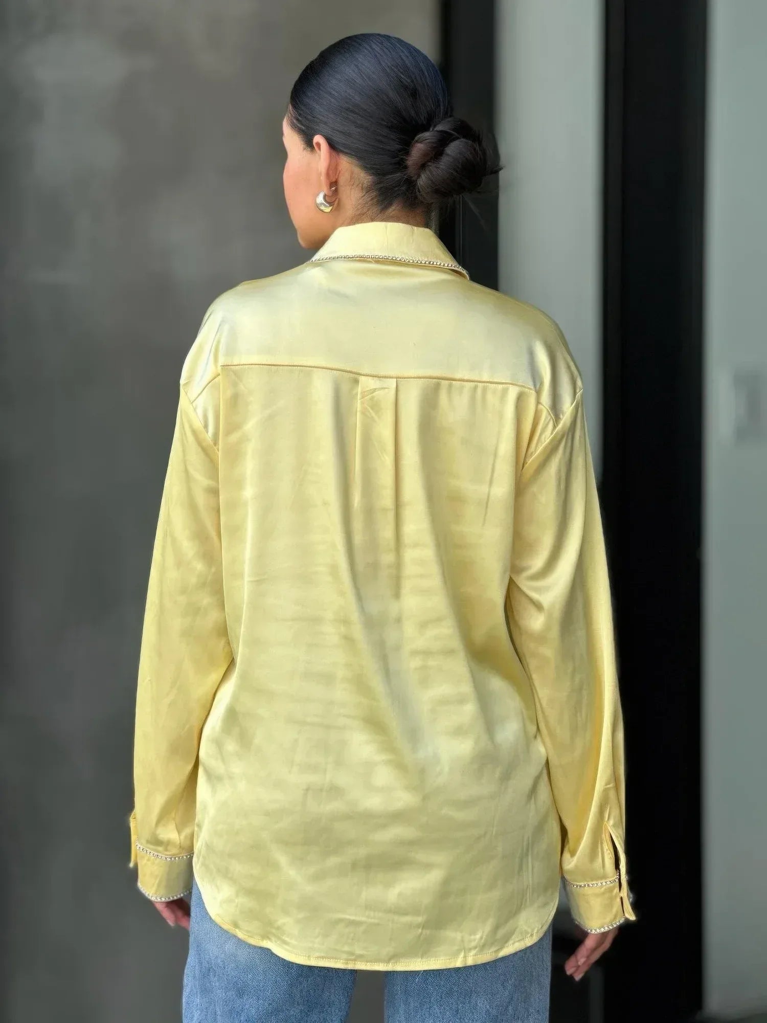 Rhinestone Diamond Lined Button Down Satin Blouse | Mixtshop LLC