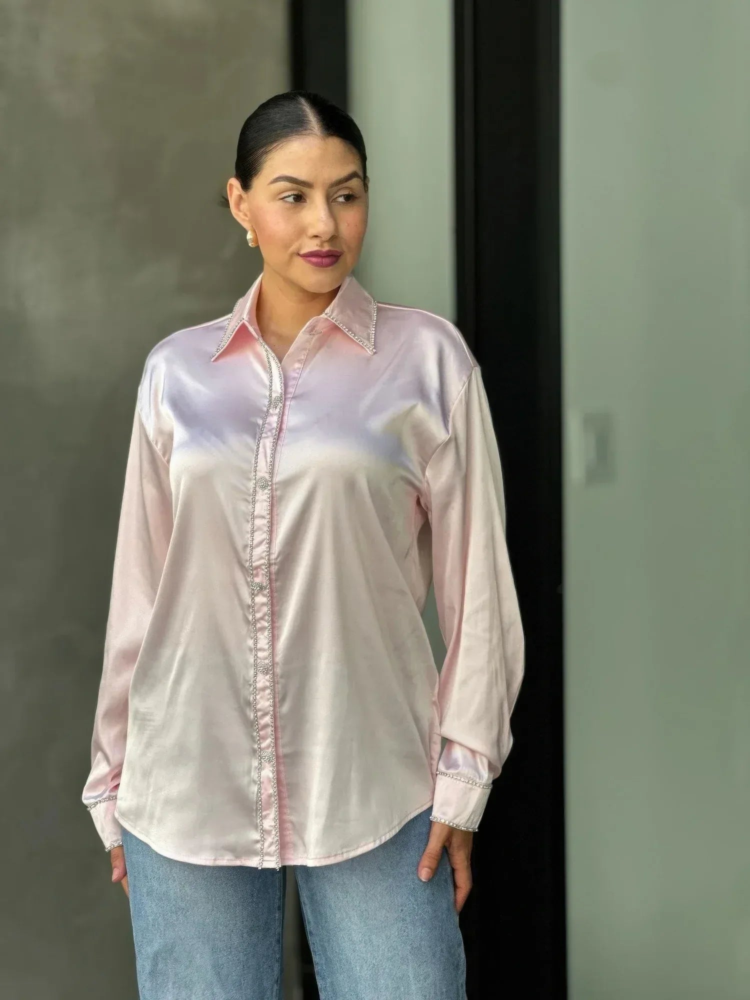 Rhinestone Diamond Lined Button Down Satin Blouse Secondary image