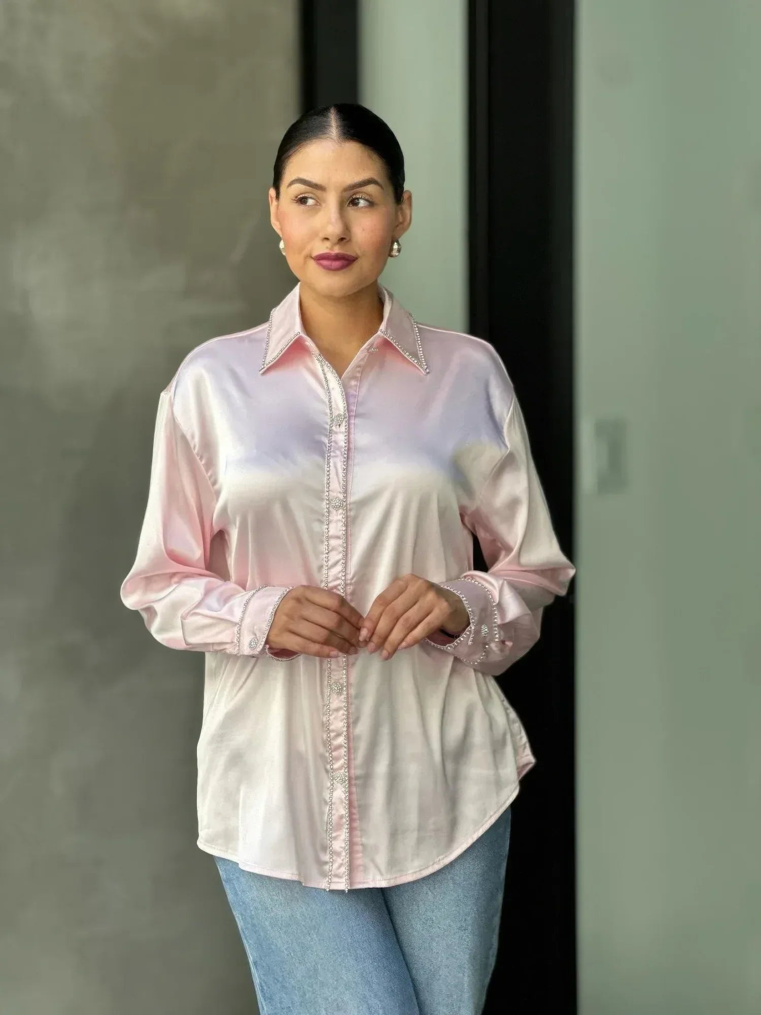 Rhinestone Diamond Lined Button Down Satin Blouse | Mixtshop LLC